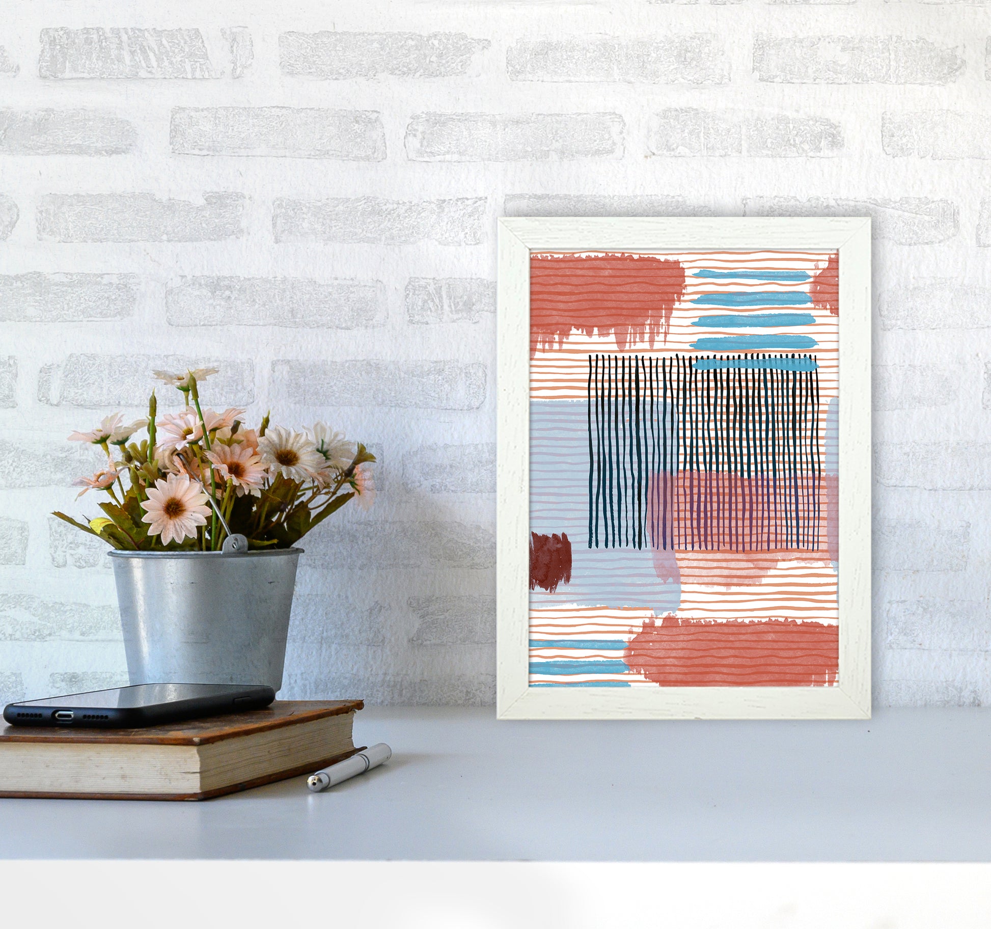 Abstract Striped Geo Red Abstract Art Print by Ninola Design A4 Oak Frame