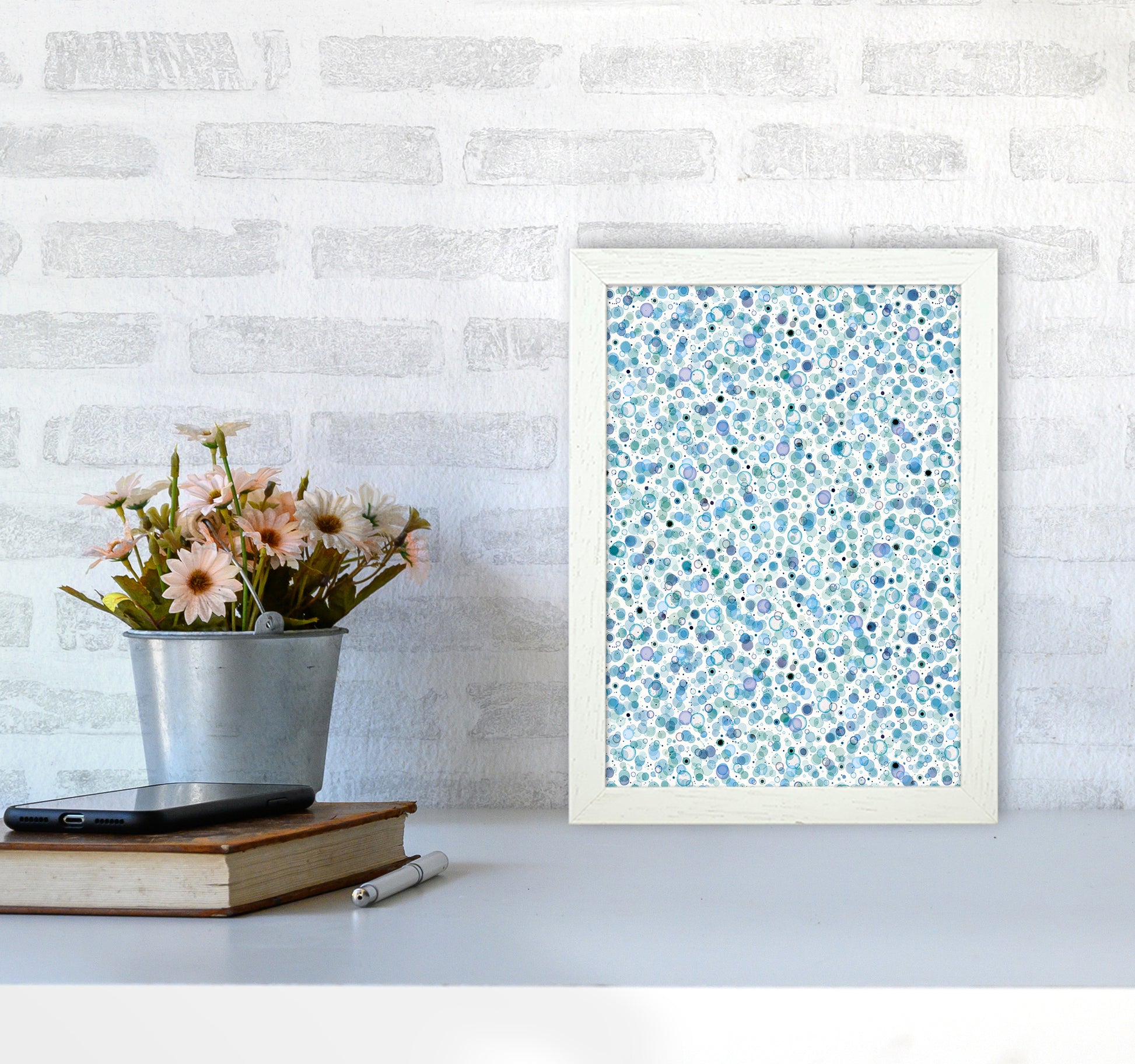 Cosmic Bubbles Blue Abstract Art Print by Ninola Design A4 Oak Frame
