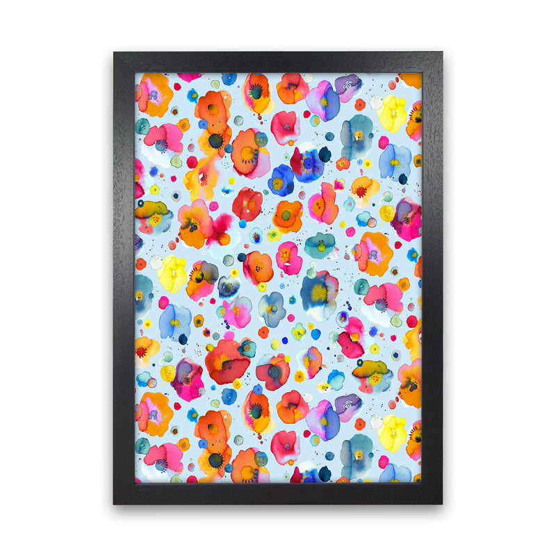 Bohemian Naive Flowers Blue Abstract Art Print by Ninola Design Black Grain