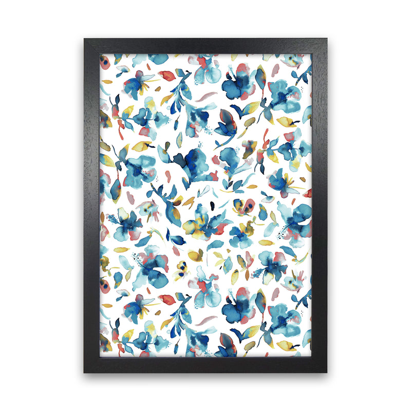 Watery Hibiscus Blue Gold Abstract Art Print by Ninola Design Black Grain