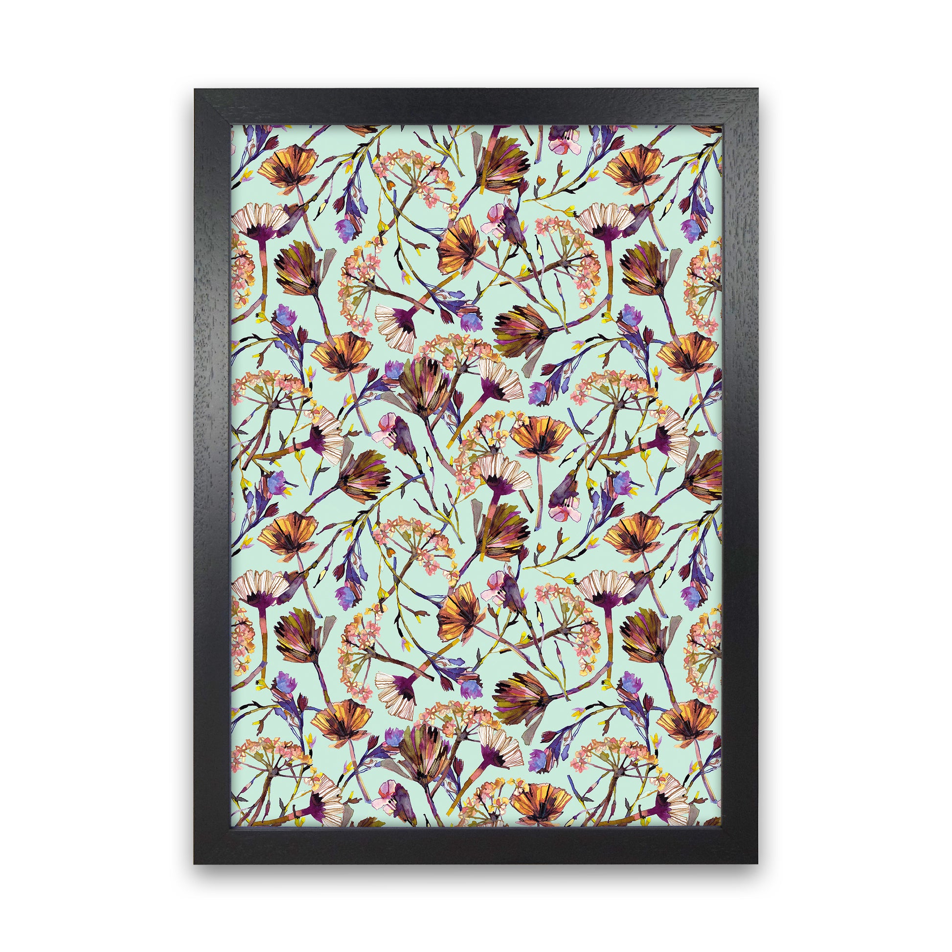Dry Blue Flowers Collage Abstract Art Print by Ninola Design Black Grain