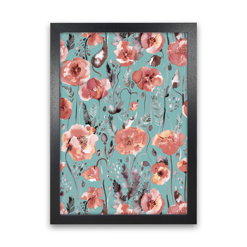 Poppies Red Green Abstract Art Print by Ninola Design Black Grain
