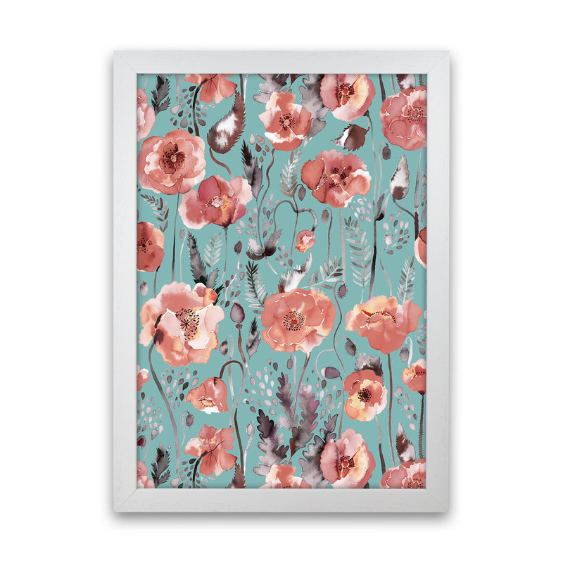 Poppies Red Green Abstract Art Print by Ninola Design White Grain