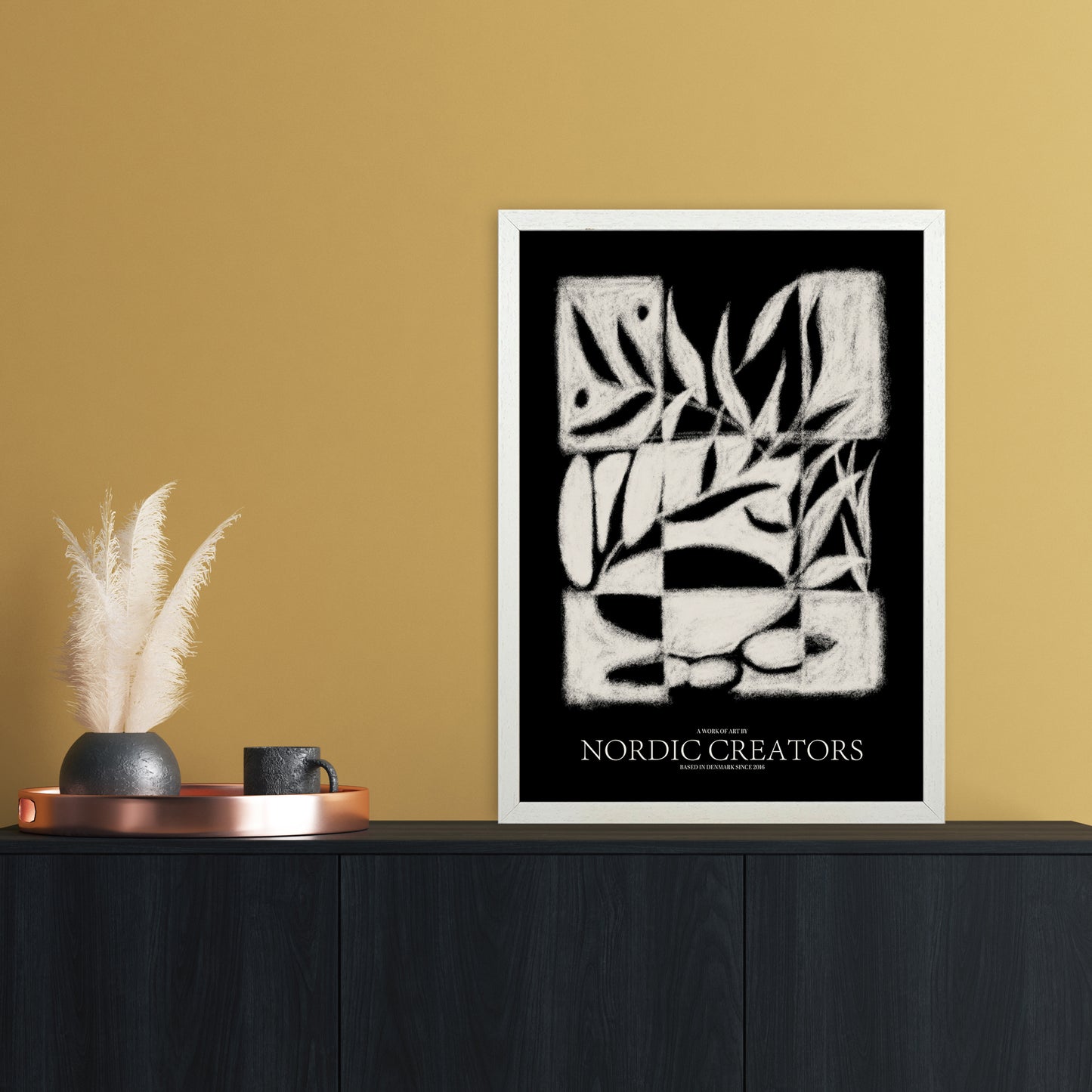 Black pattern Abstract Art Print by Nordic Creators A2 Oak Frame