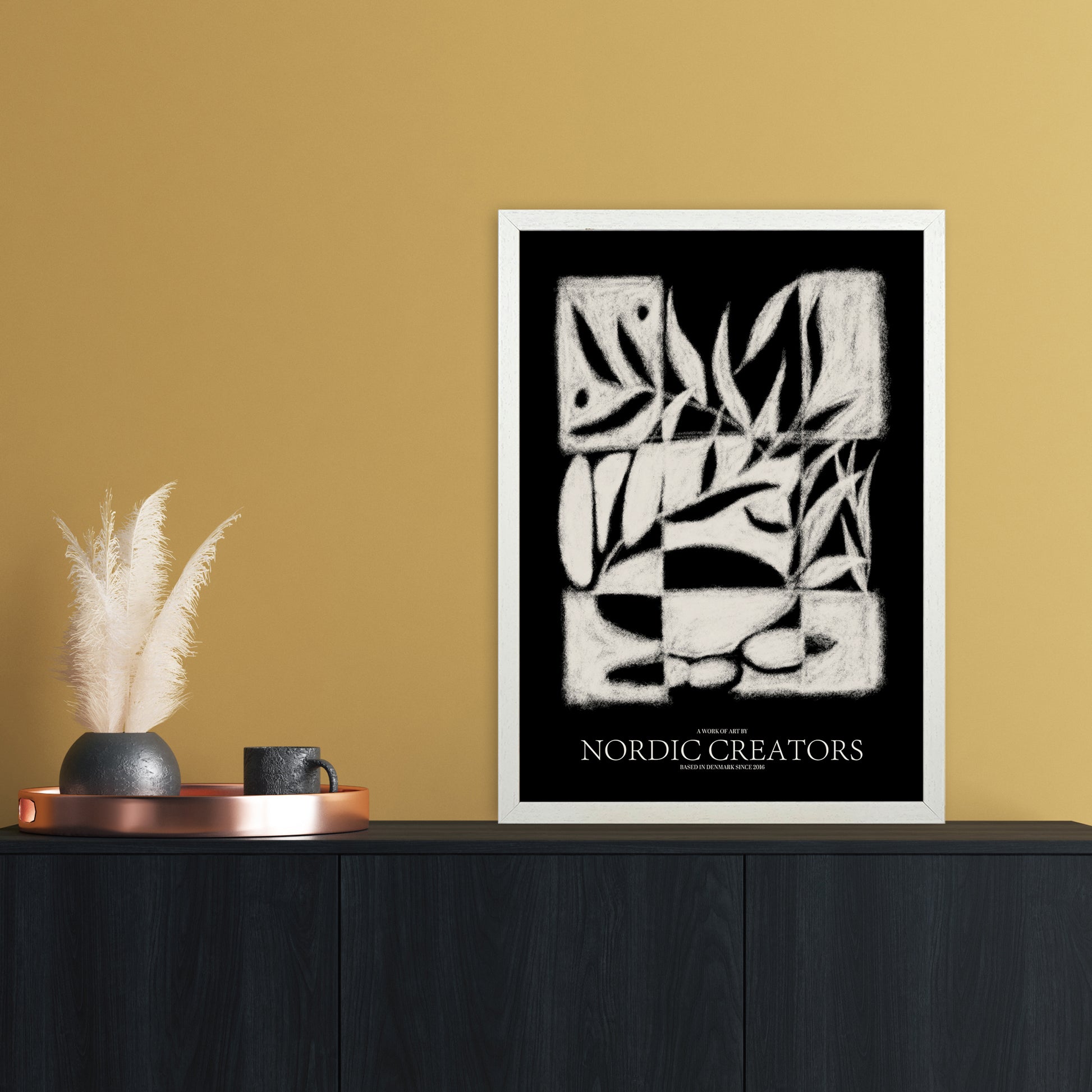 Black pattern Abstract Art Print by Nordic Creators A2 Oak Frame