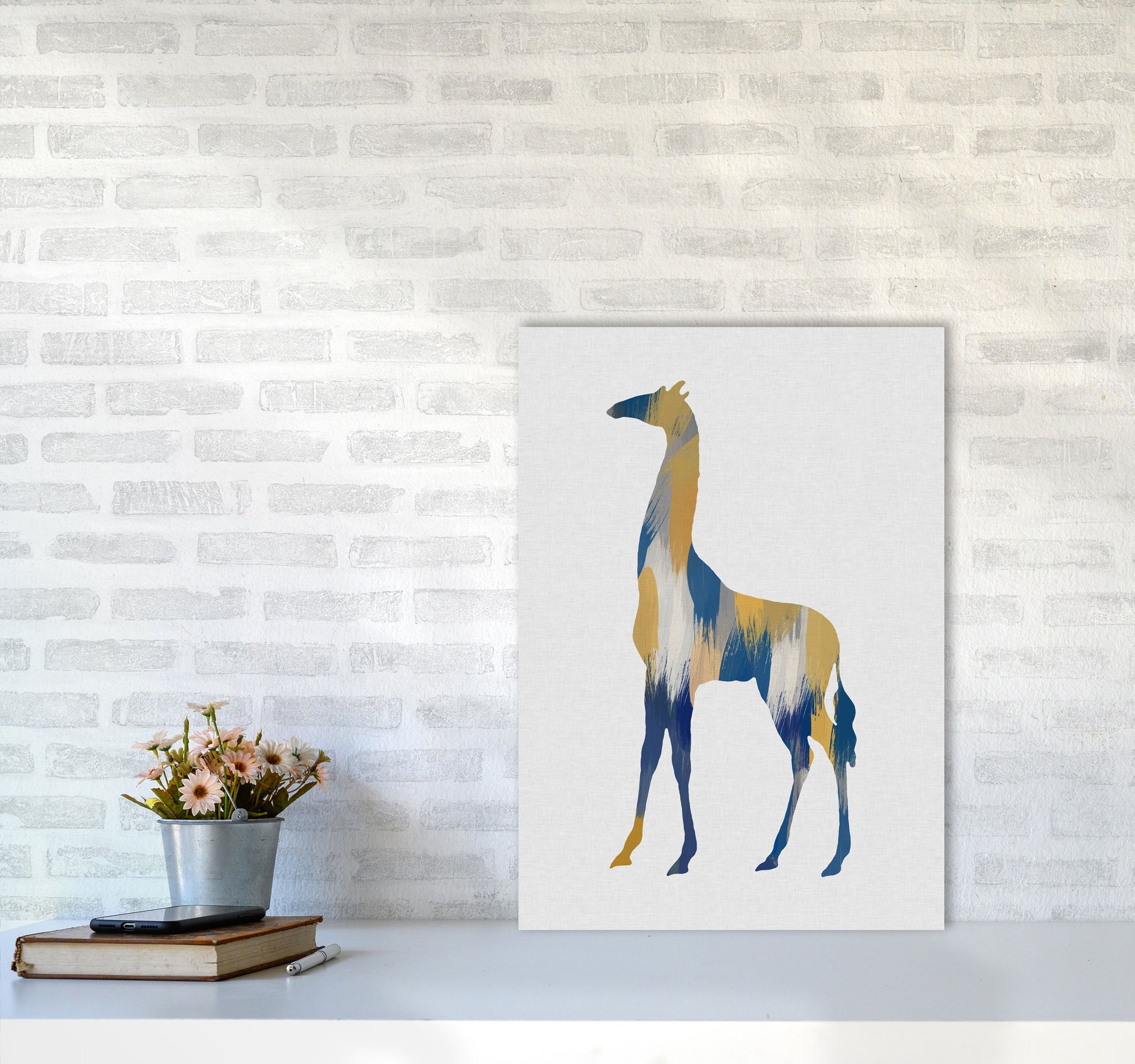 Giraffe Blue & Yellow Print By Orara Studio Animal Art Print A2 Black Frame