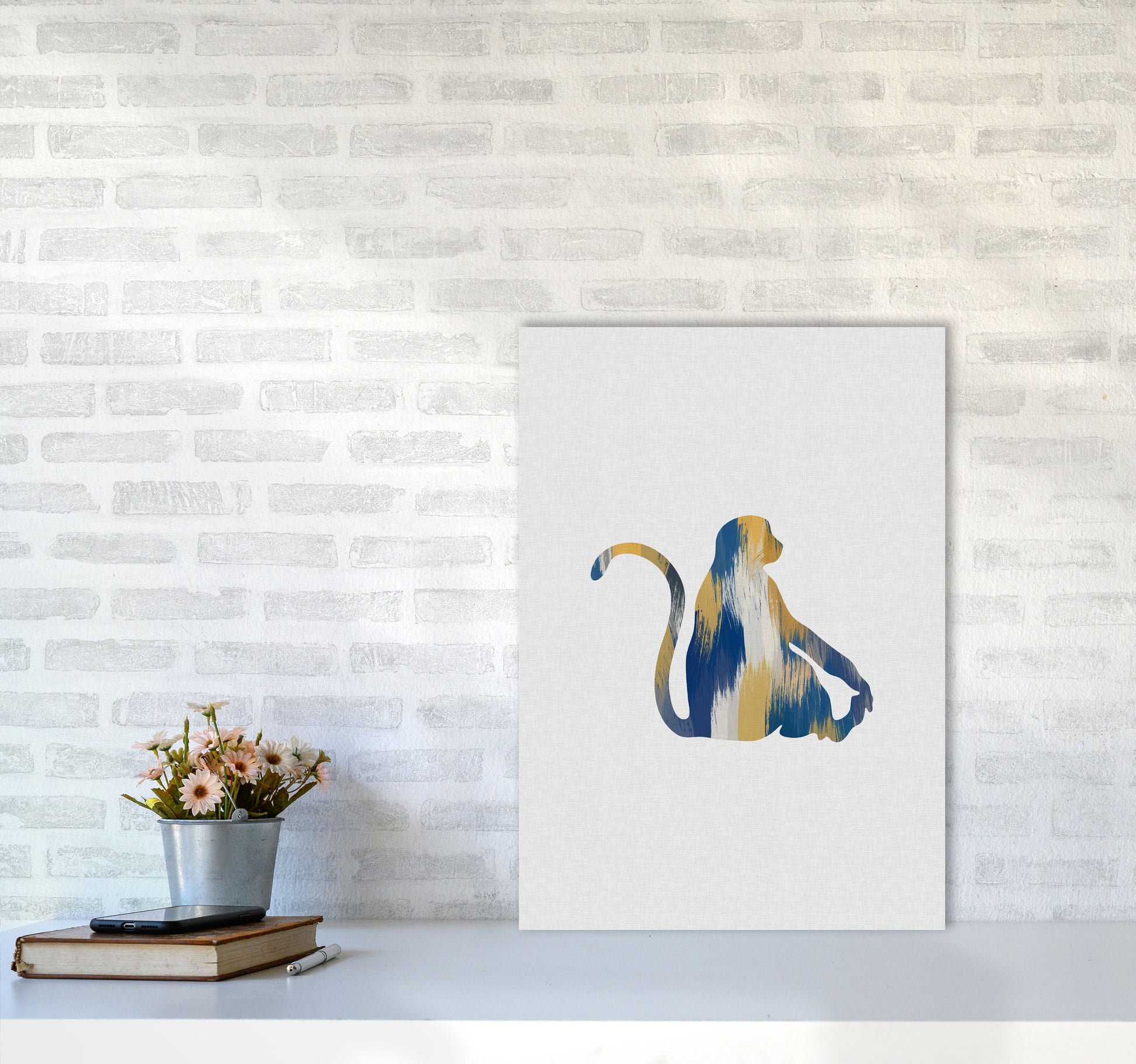 Monkey Blue & Yellow Print By Orara Studio Animal Art Print A2 Black Frame