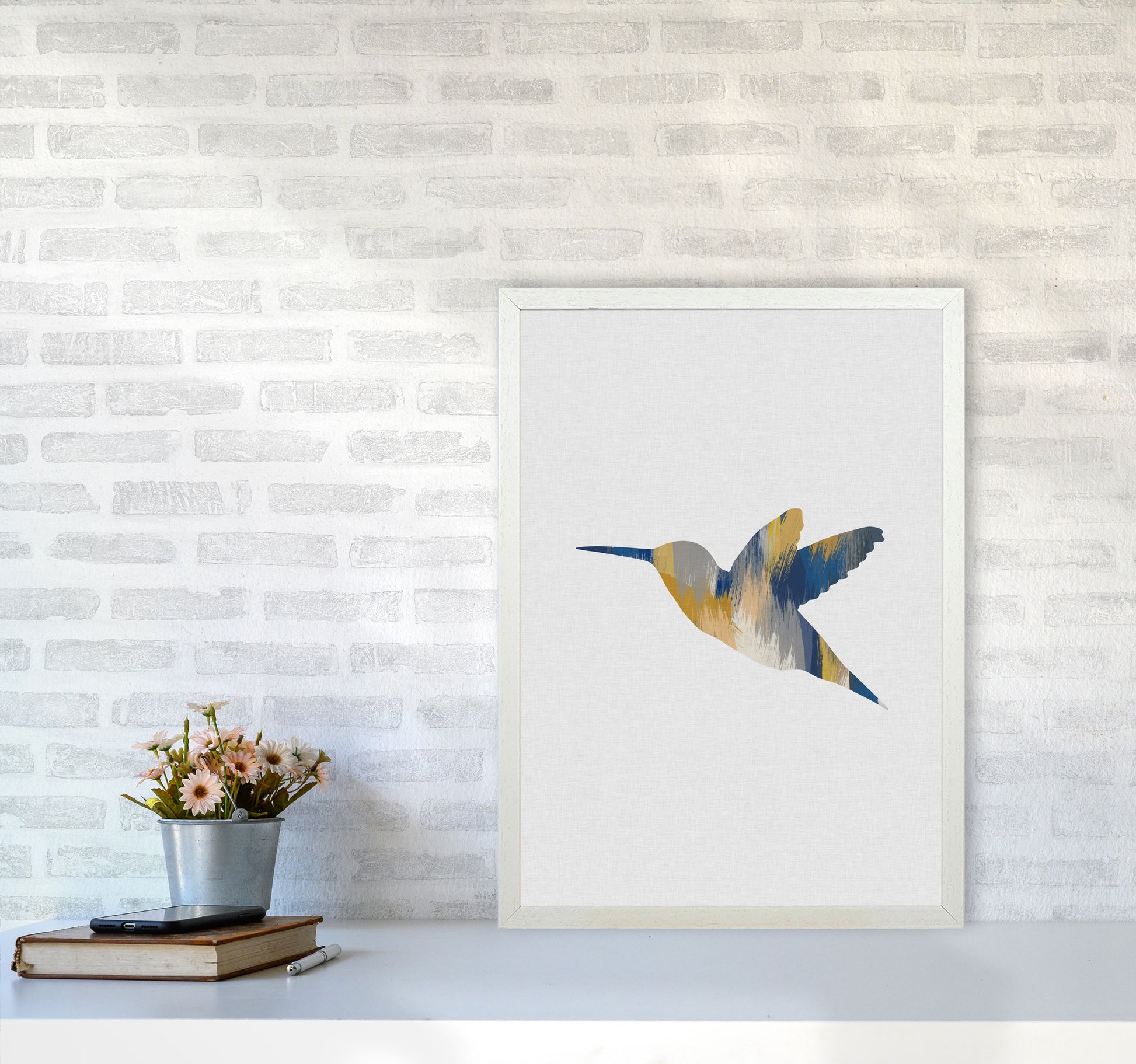 Hummingbird Blue & Yellow I Print By Orara Studio Animal Art Print A2 Oak Frame