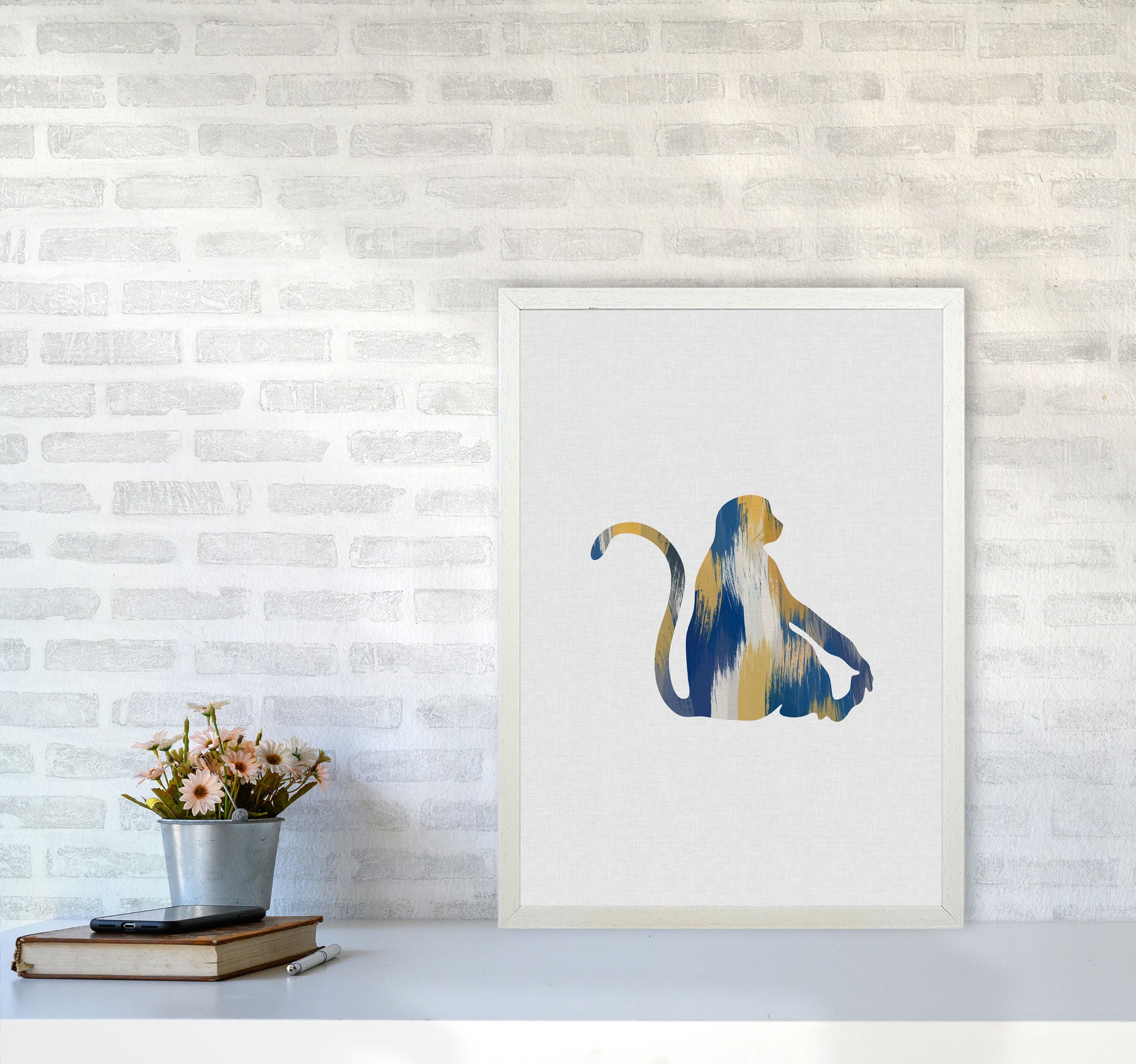 Monkey Blue & Yellow Print By Orara Studio Animal Art Print A2 Oak Frame