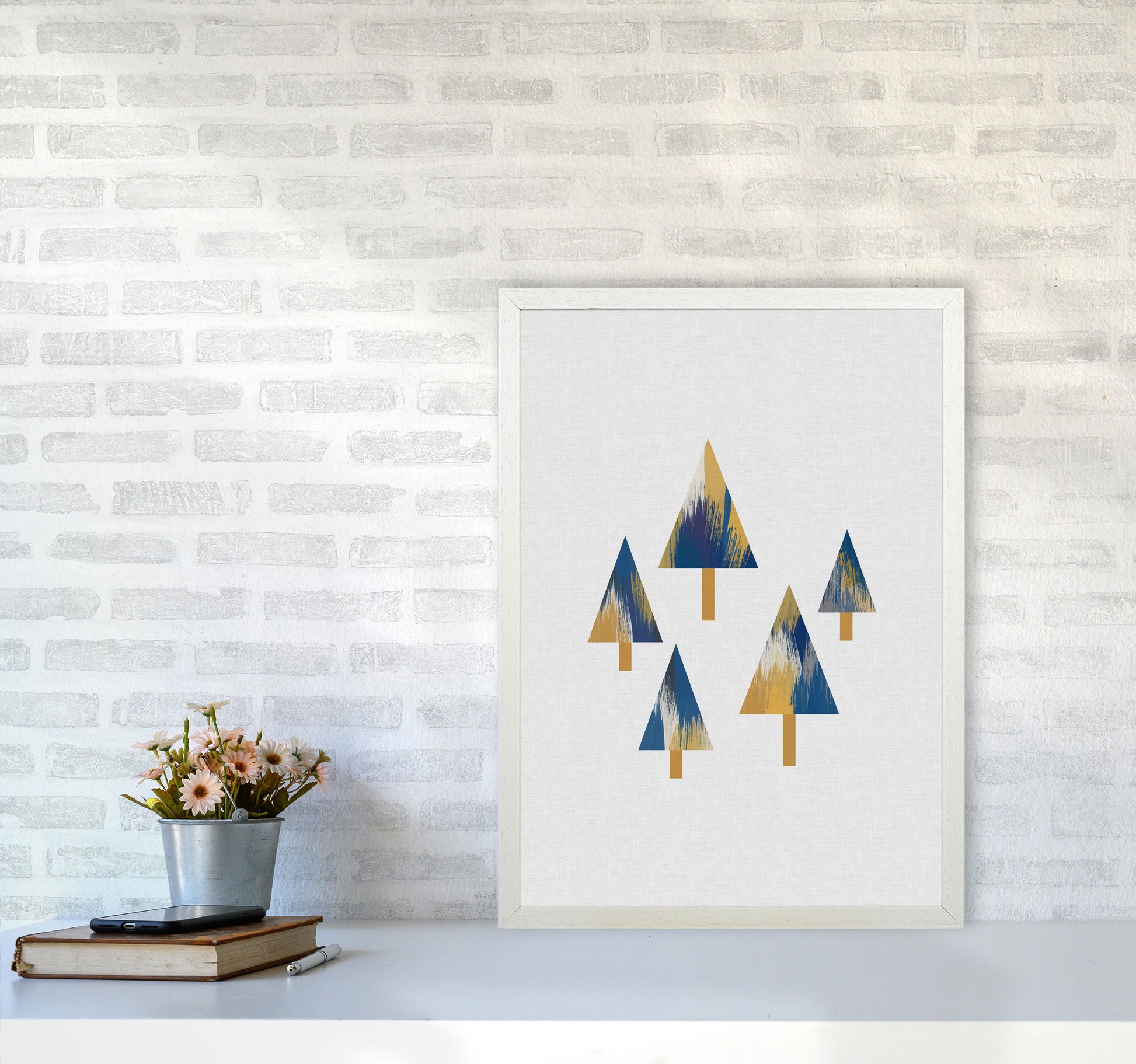 Trees Blue & Yellow Print By Orara Studio A2 Oak Frame