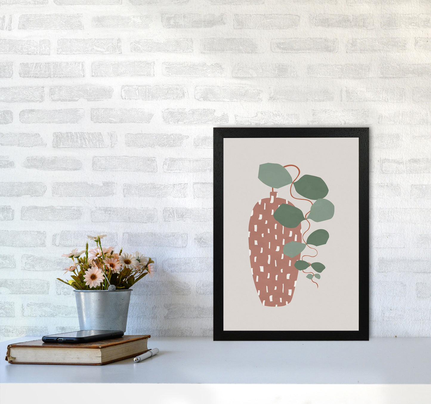 Terrazzo & Leaves Art Print by Orara Studios A3 White Frame