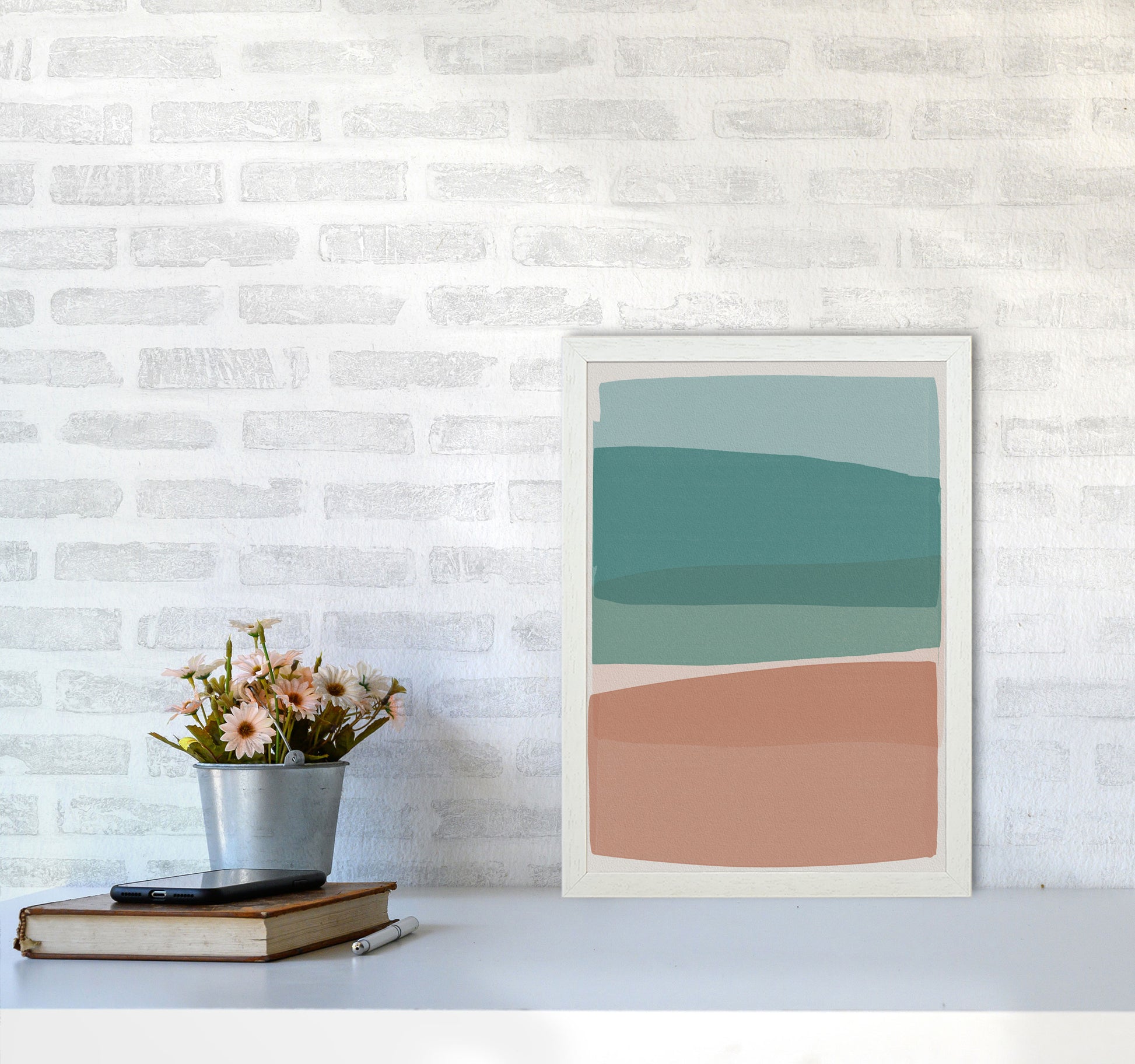 Modern Turquoise and Pink Abstract Art Print by Orara Studio A3 Oak Frame