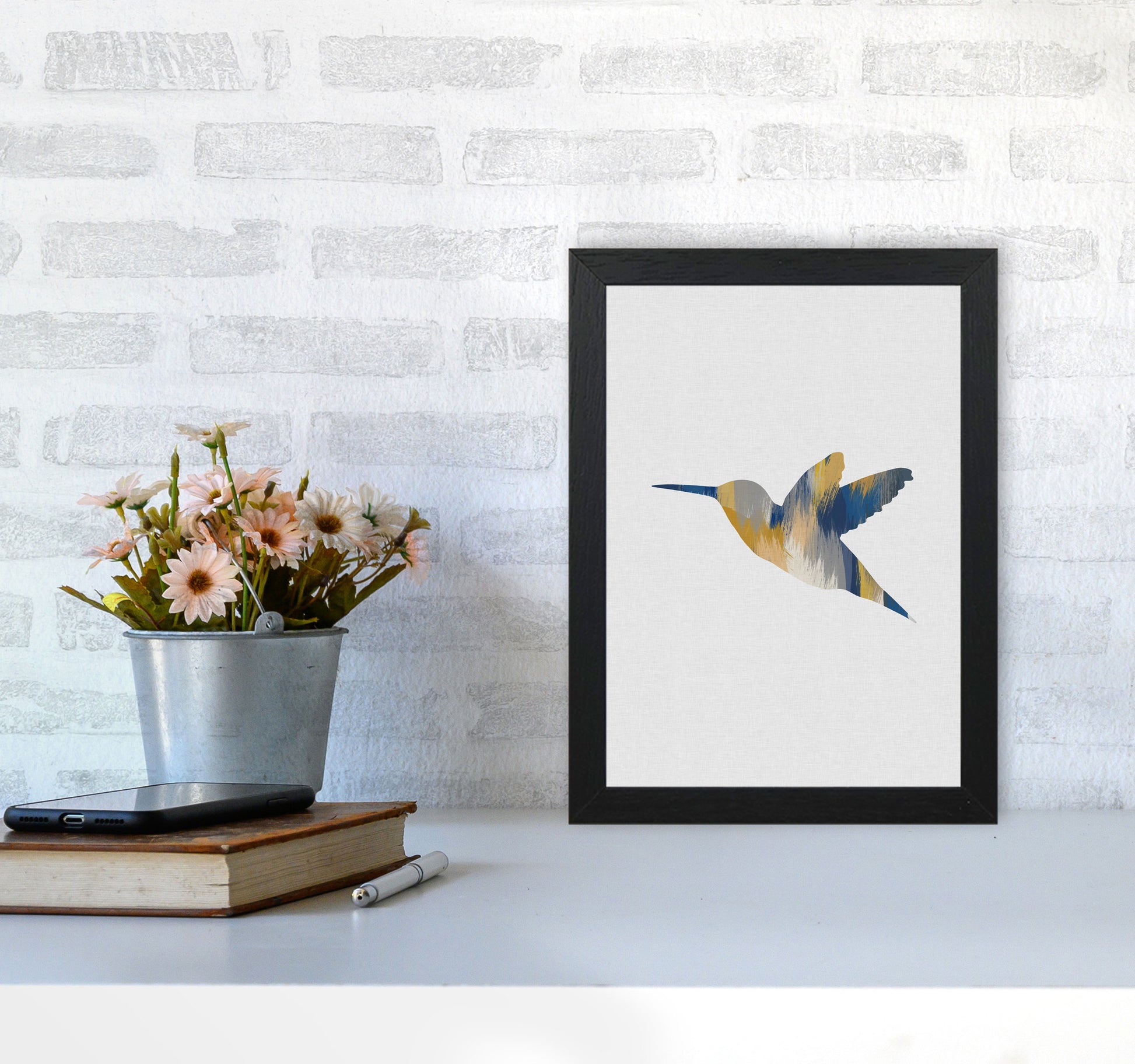 Hummingbird Blue & Yellow I Print By Orara Studio Animal Art Print A4 White Frame