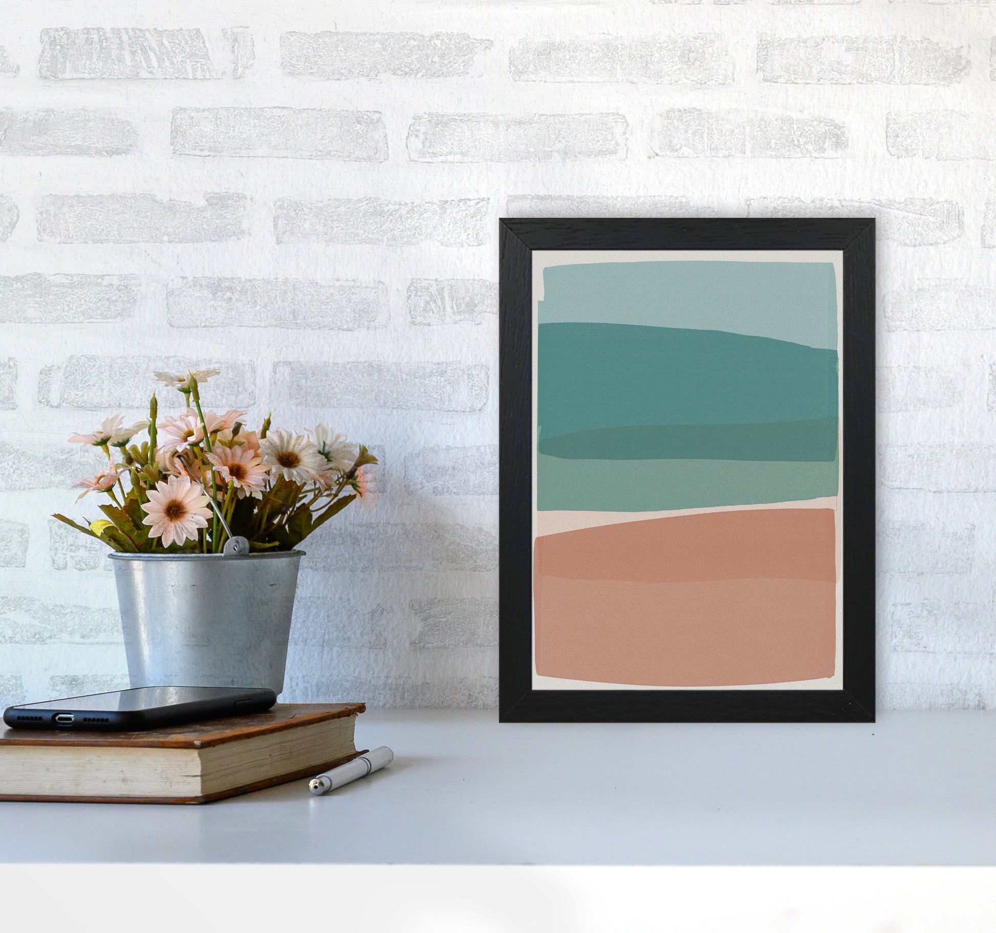 Modern Turquoise and Pink Abstract Art Print by Orara Studio A4 White Frame