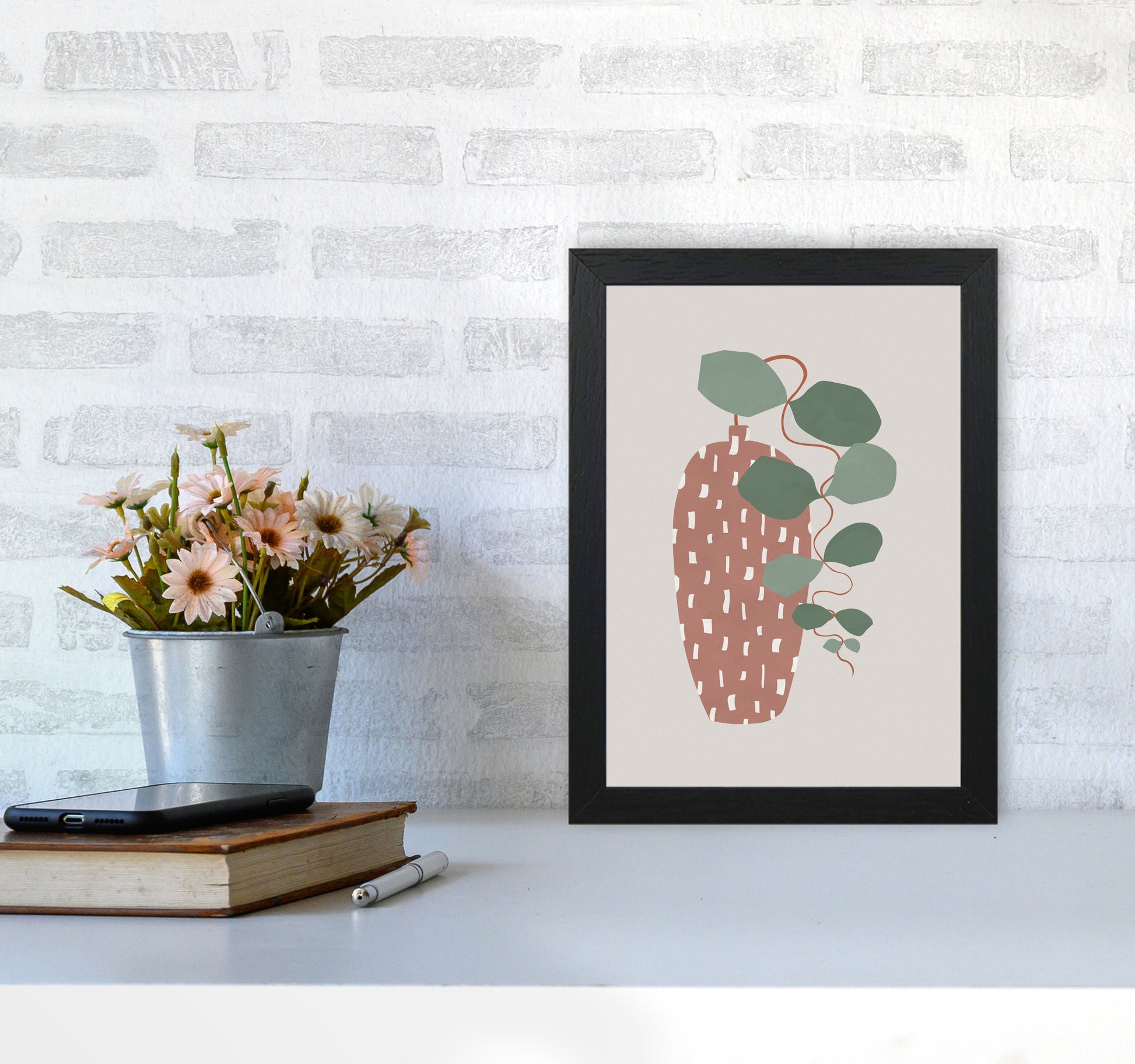 Terrazzo & Leaves Art Print by Orara Studios A4 White Frame