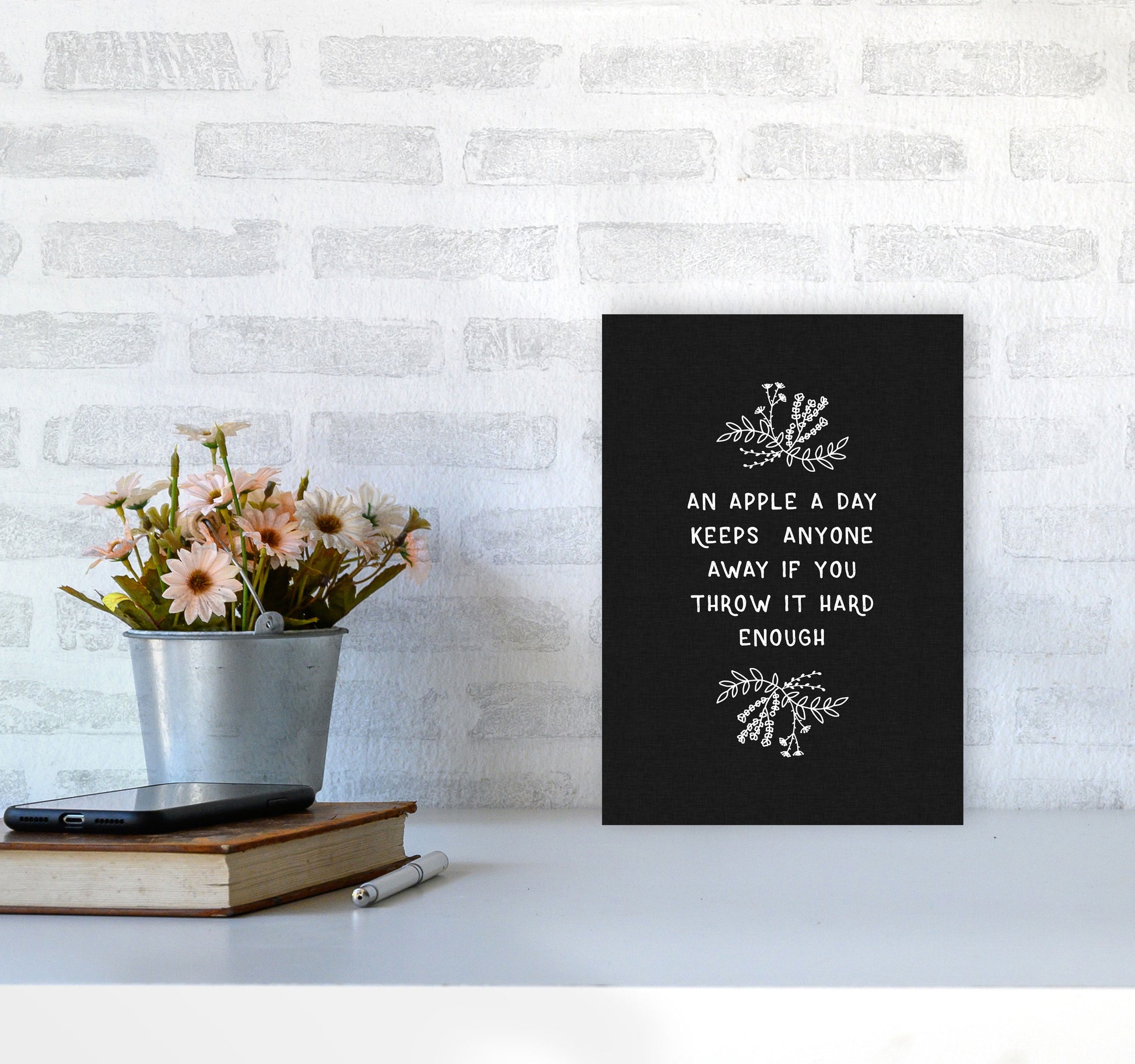An Apple A Day Funny Quote Print By Orara Studio A4 Black Frame