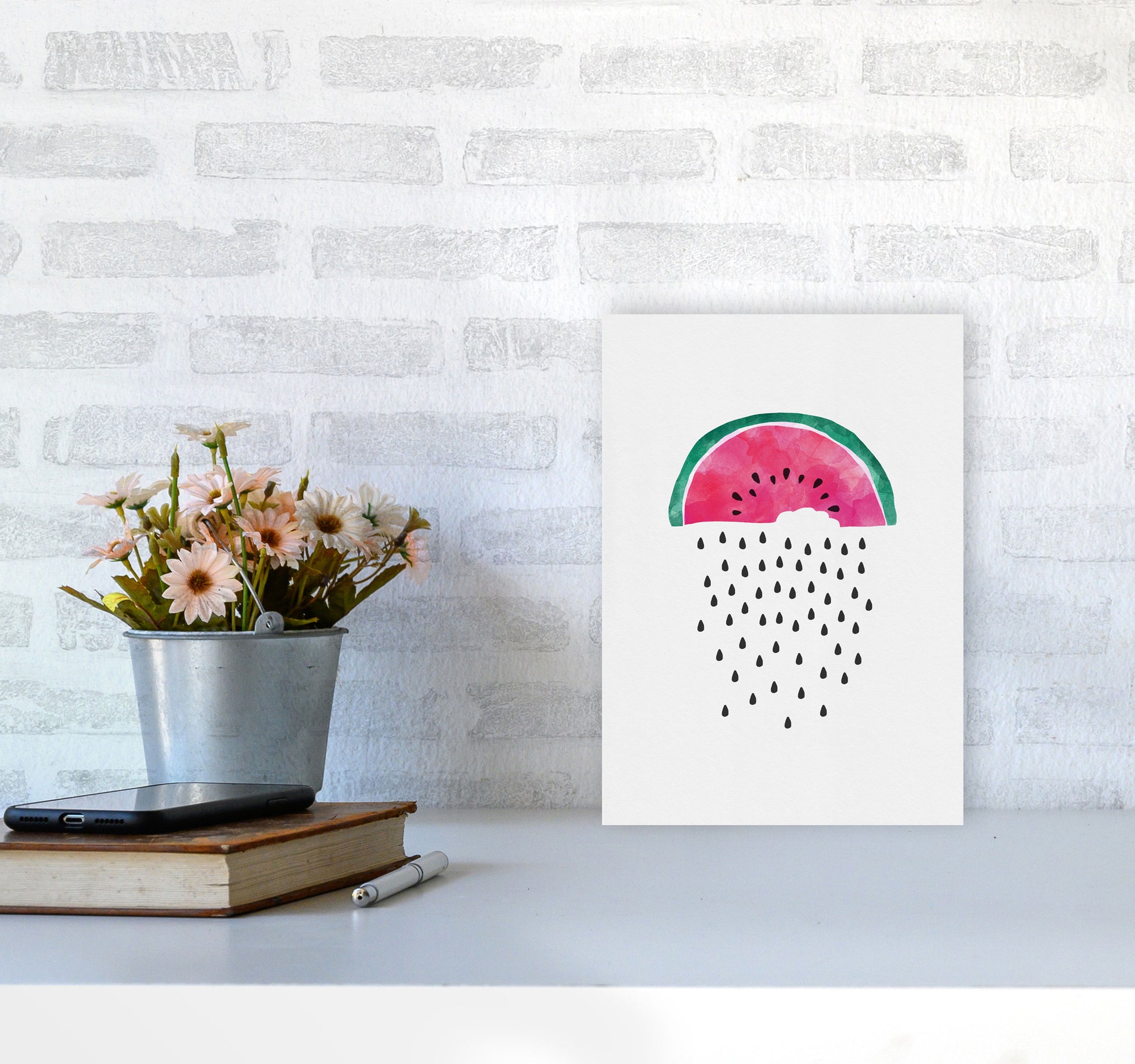 Watermelon Rain Print By Orara Studio, Framed Kitchen Wall Art A4 Black Frame