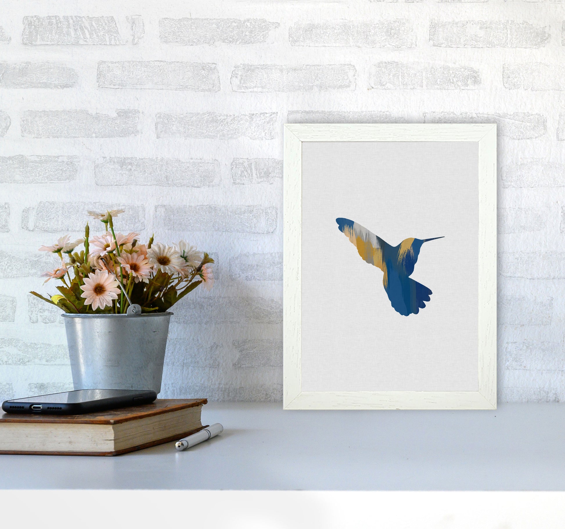 Hummingbird Blue & Yellow II Print By Orara Studio Animal Art Print A4 Oak Frame