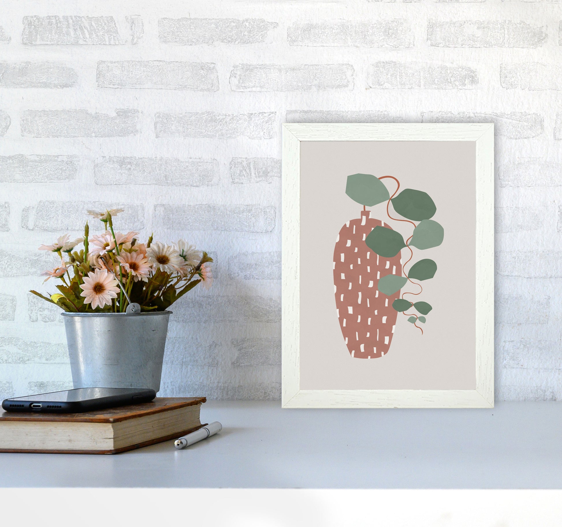 Terrazzo & Leaves Art Print by Orara Studios A4 Oak Frame