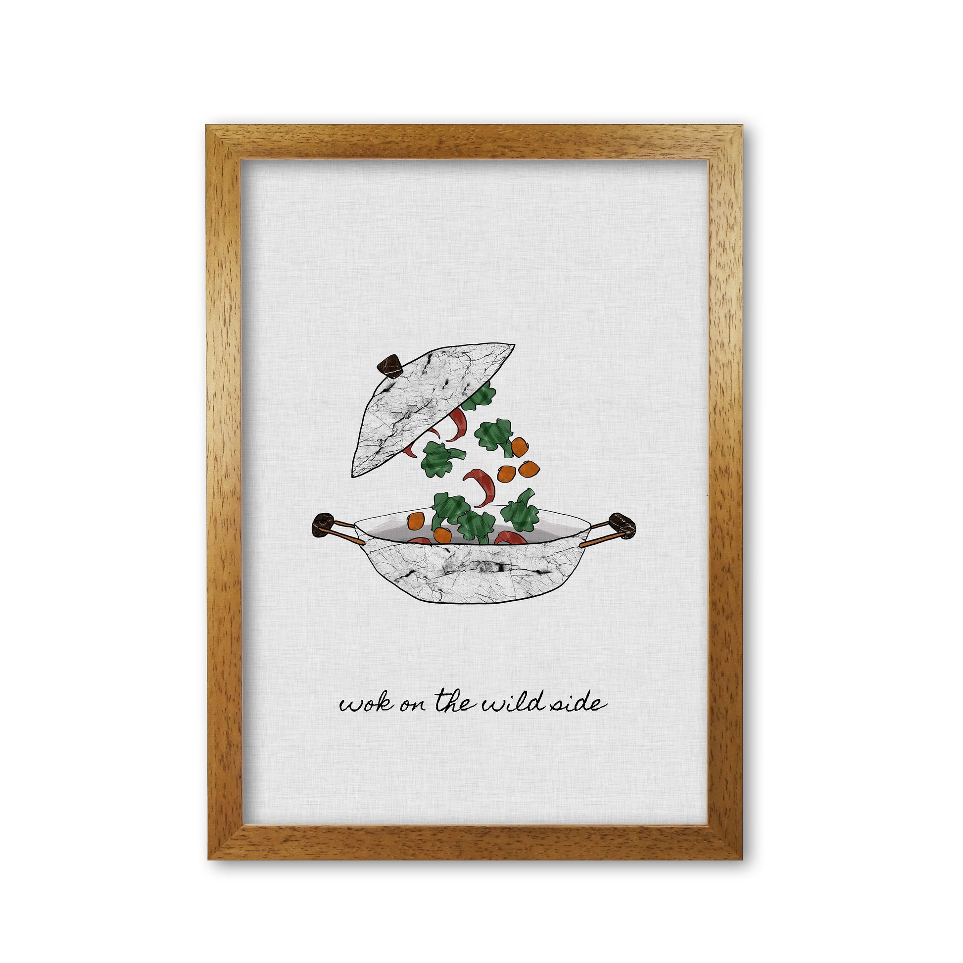 Wok On The Wild Side Print By Orara Studio, Framed Kitchen Wall Art Oak Grain