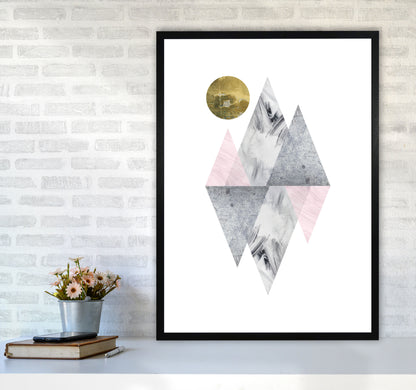 Pink And Grey Diamonds With Gold Moon Abstract Modern Print A1 White Frame
