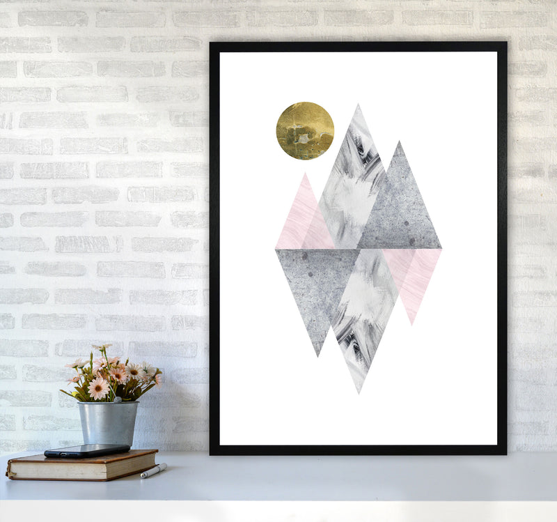 Pink And Grey Diamonds With Gold Moon Abstract Modern Print A1 White Frame