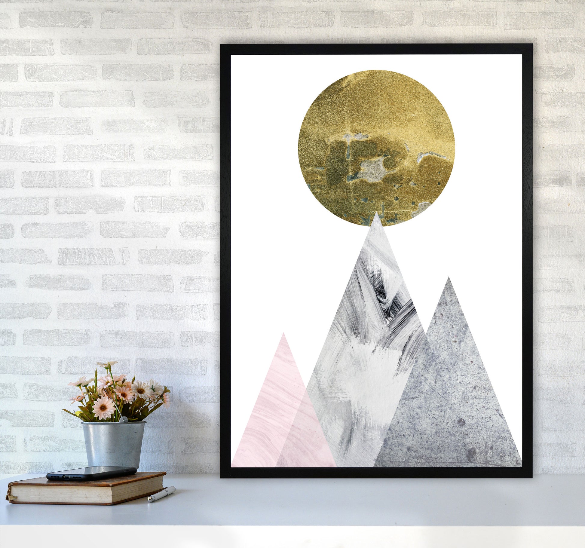 Pink And Grey Mountains Abstract Modern Print A1 White Frame