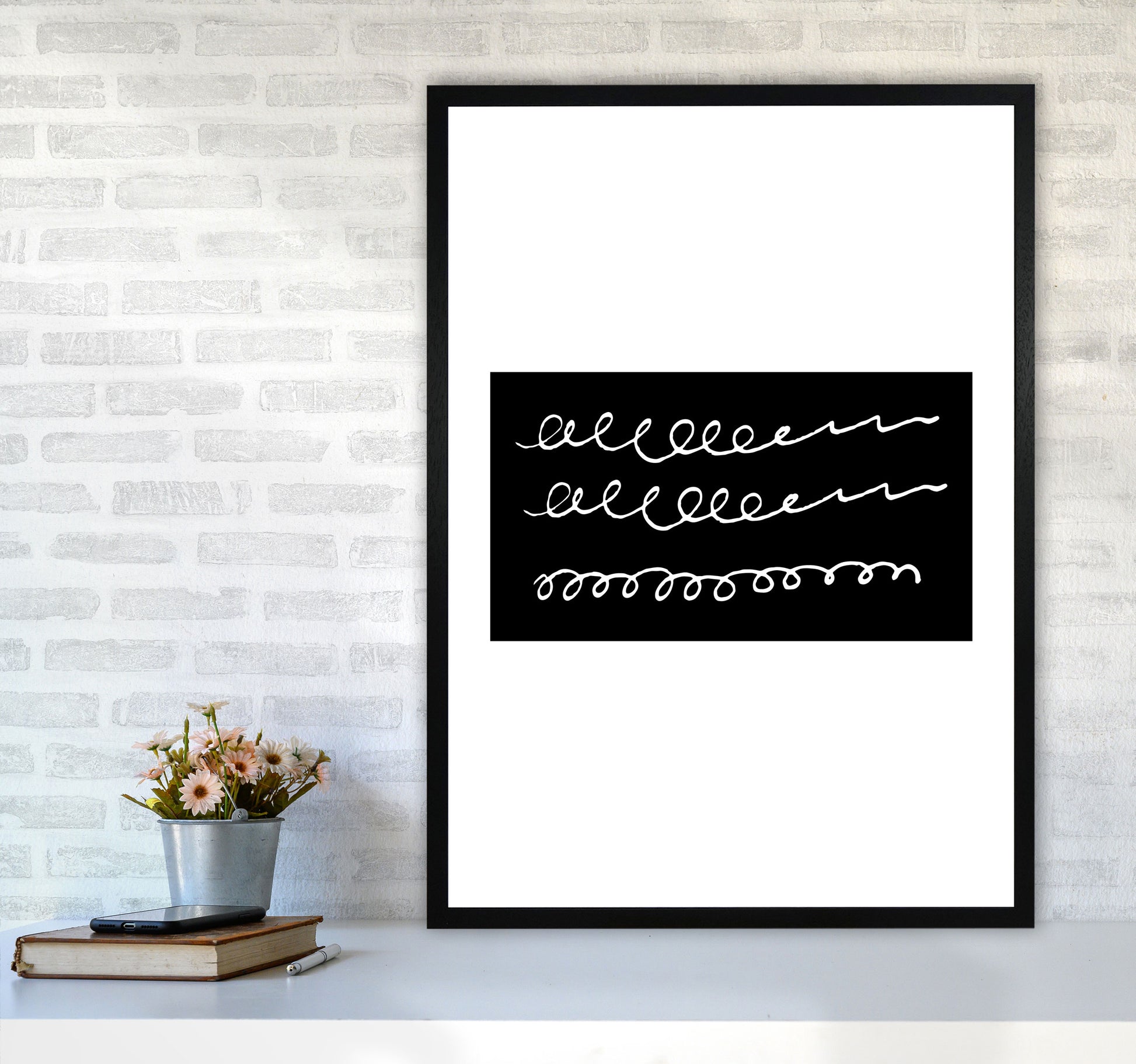 Black Rectangle Swirls Abstract Modern Print A1 White Frame
