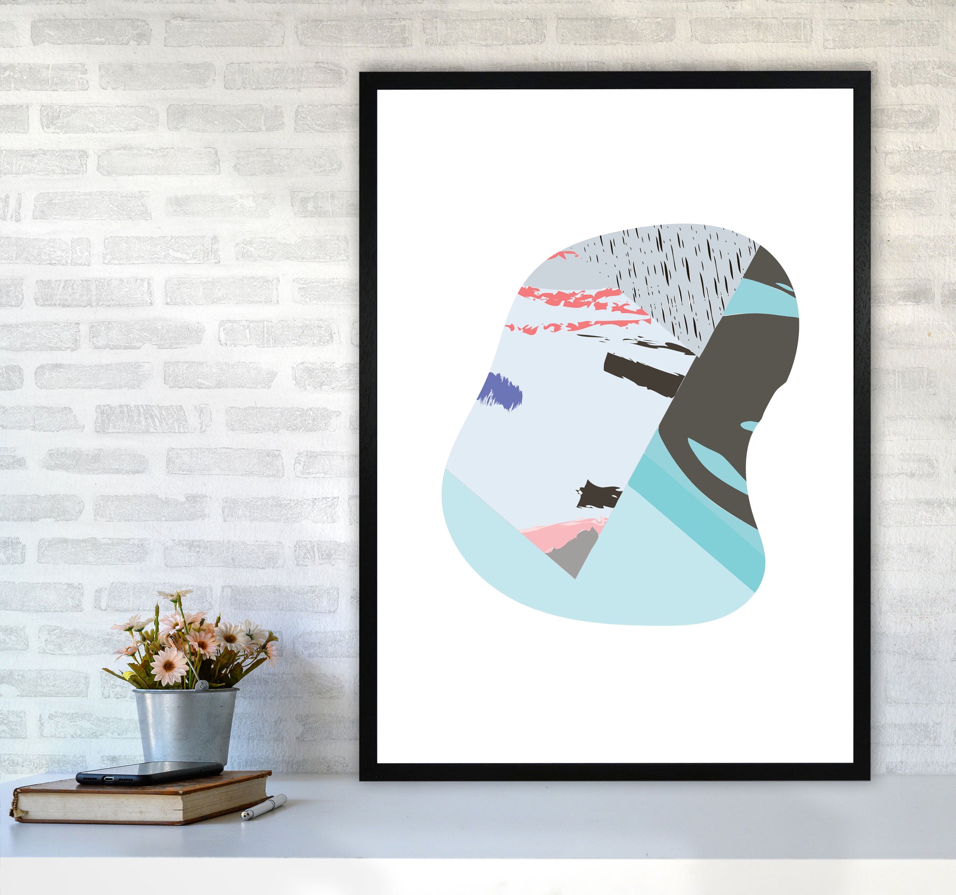 Teal Abstract Patterns Shape Modern Print A1 White Frame