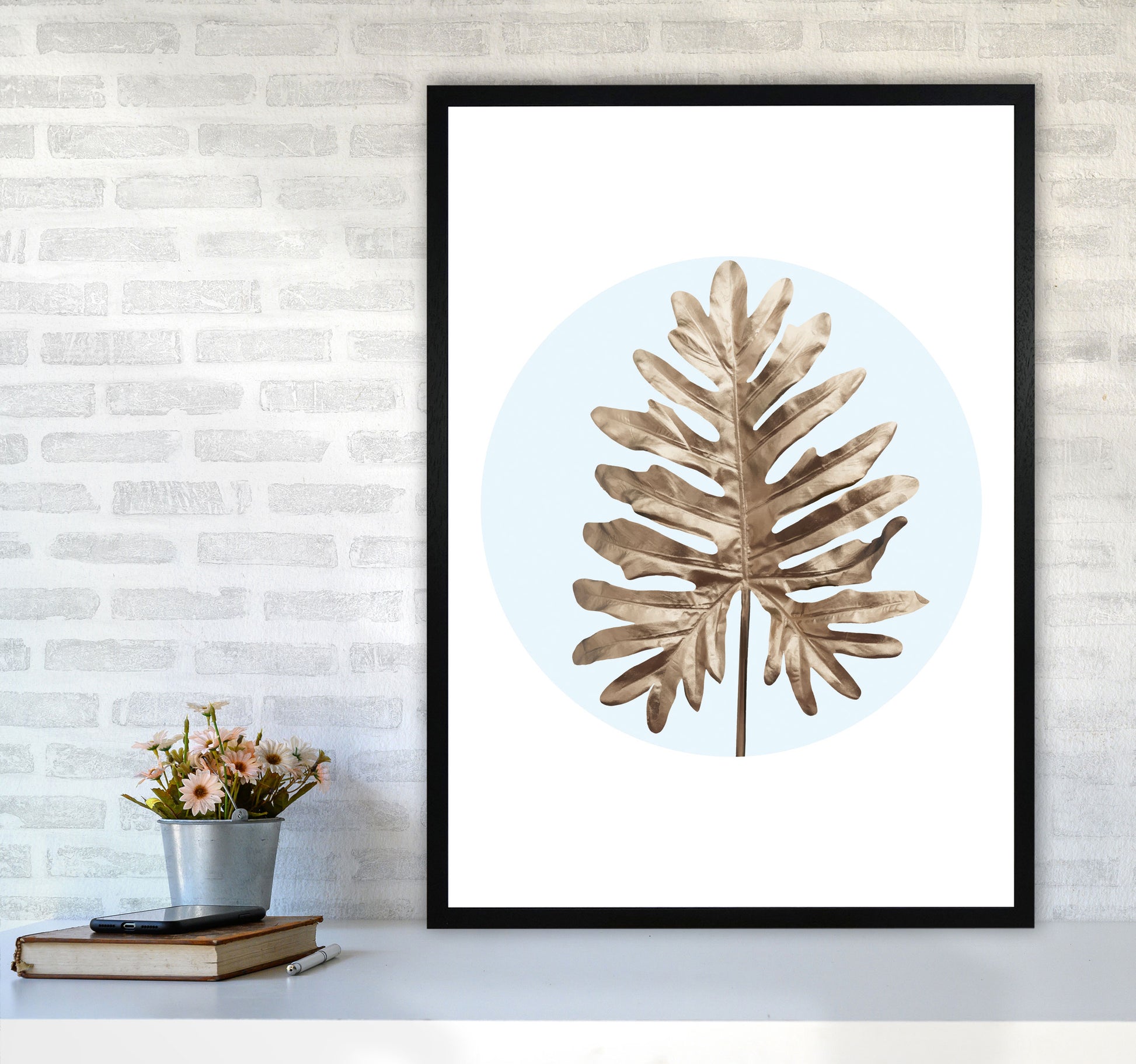 Abstract Blue Leaf Modern Print, Framed Botanical & Nature Art Print A1 White Frame