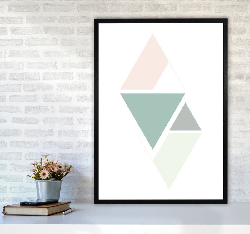 Peach, Green And Grey Abstract Triangles Modern Print A1 White Frame