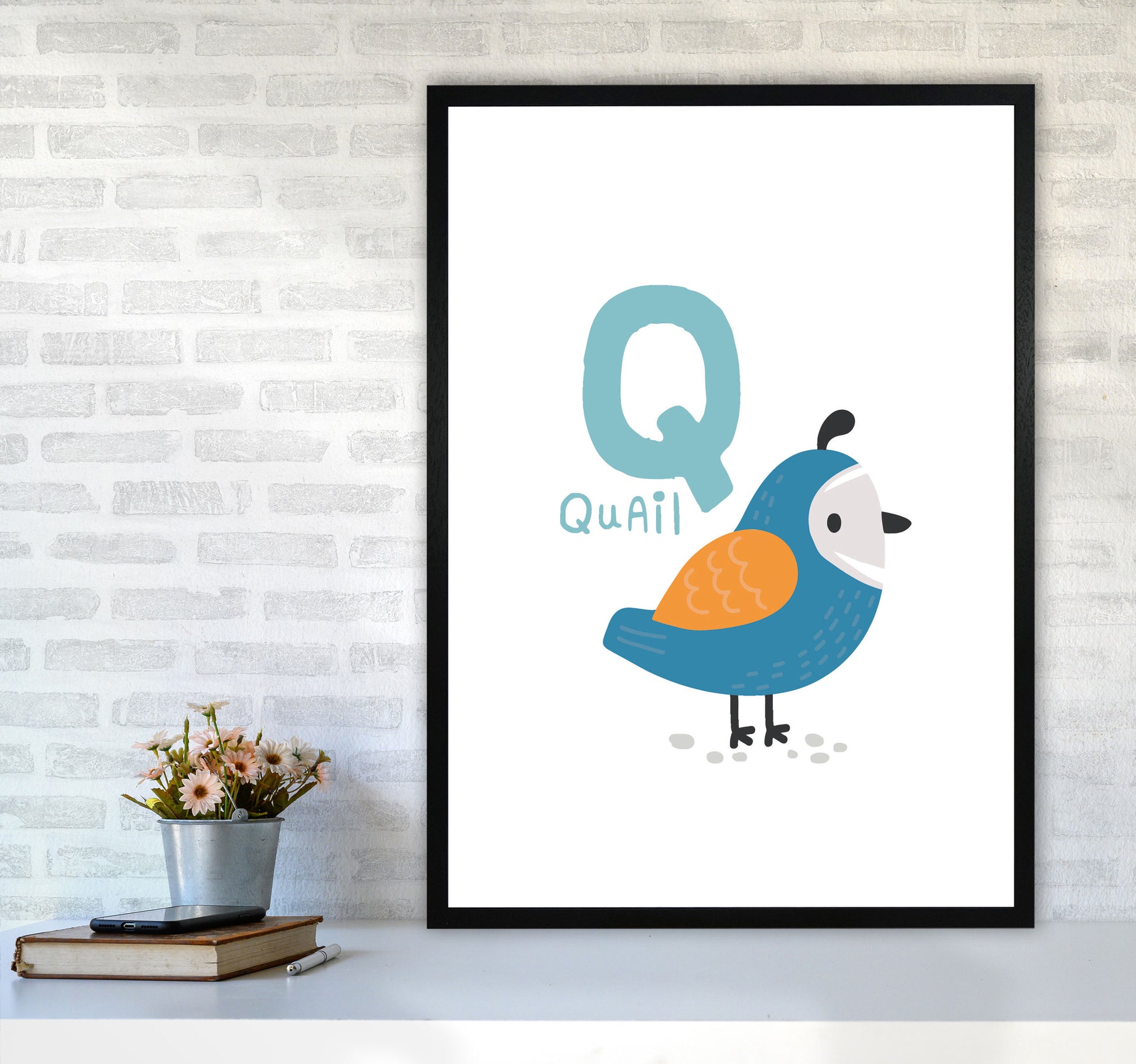 Alphabet Animals, Q Is For Quail Framed Nursey Wall Art Print A1 White Frame