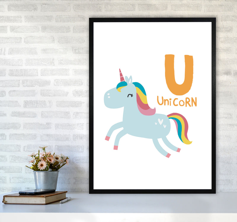 Alphabet Animals, U Is For Unicorn Framed Nursey Wall Art Print A1 White Frame