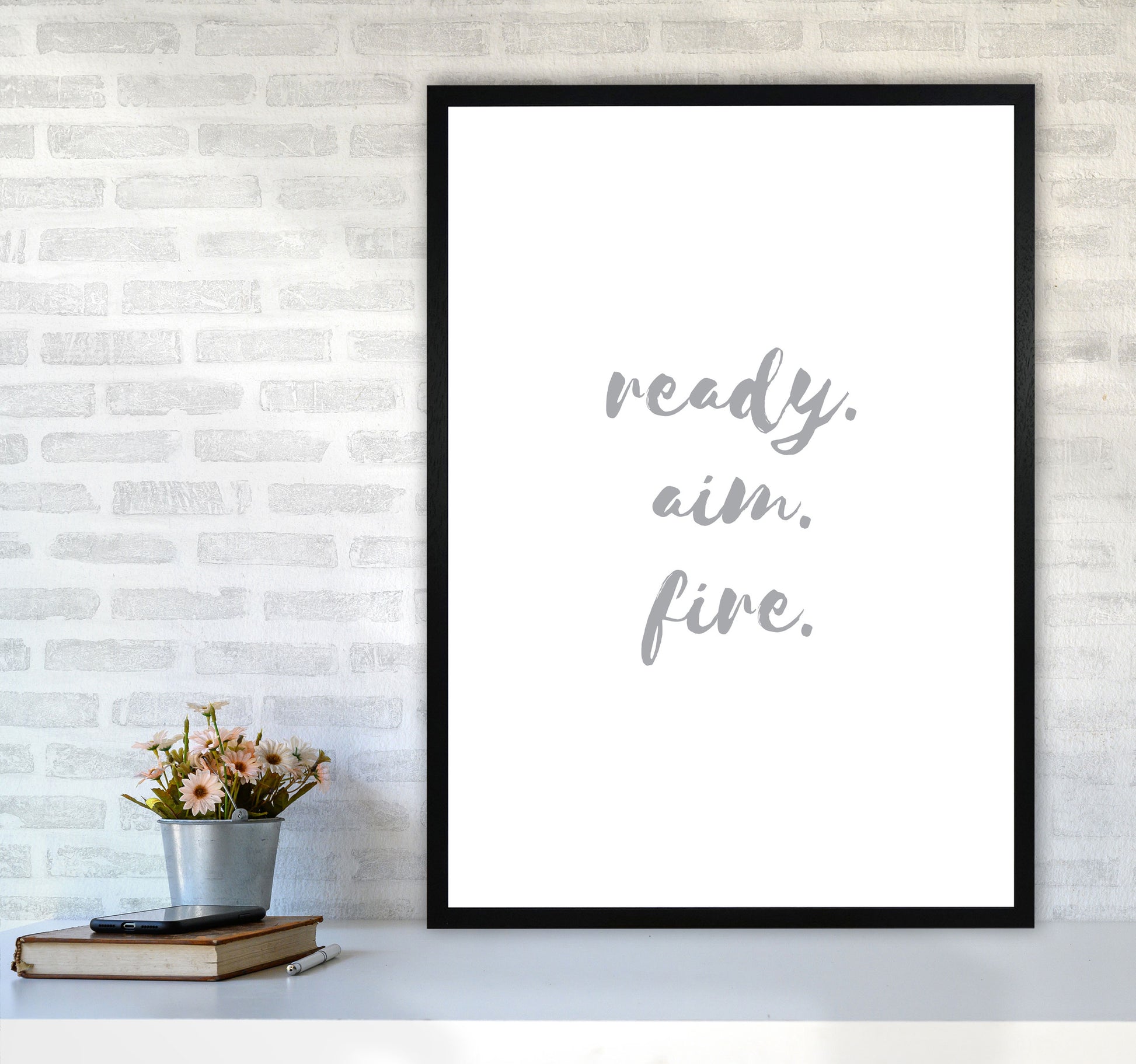 Ready Aim Fire Grey, Bathroom Modern Print, Framed Bathroom Wall Art A1 White Frame