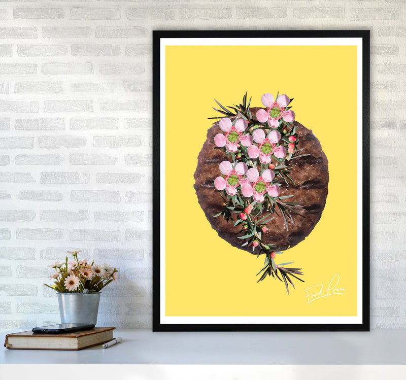 Yellow Burger Food Print, Framed Kitchen Wall Art A1 White Frame