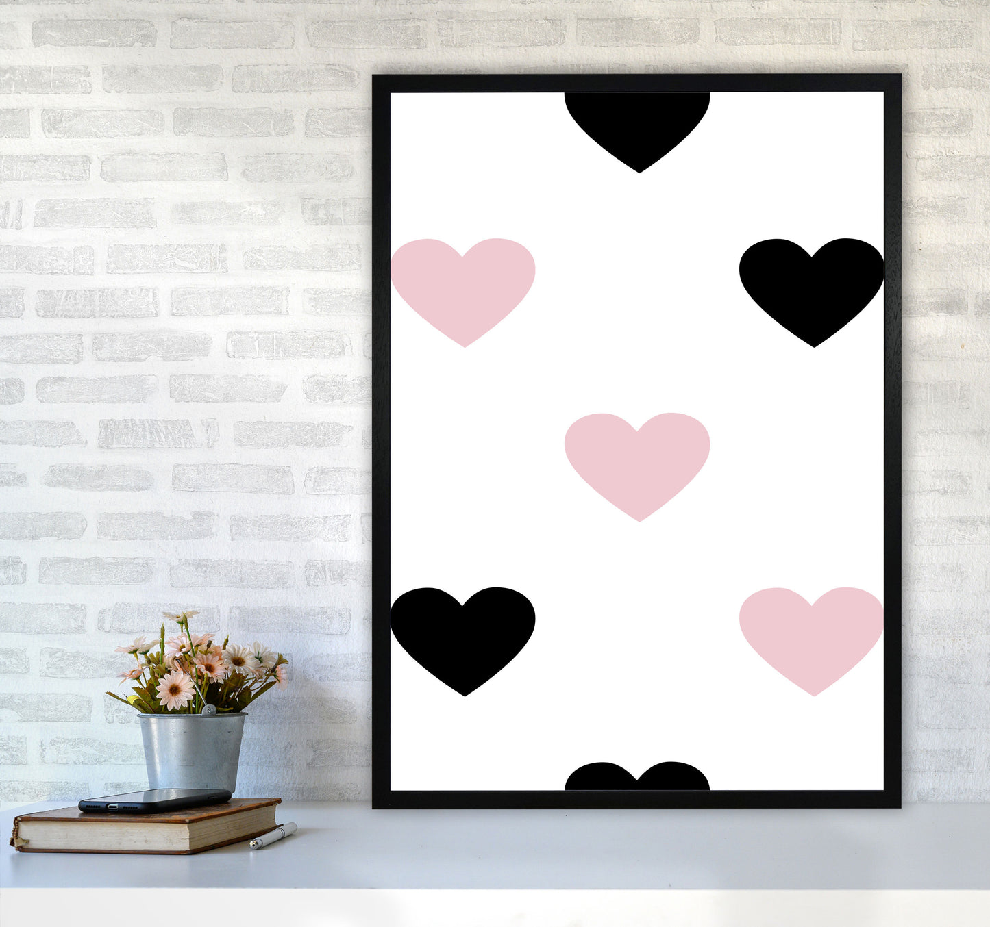 Pink And Black Hearts Modern Print A1 White Frame