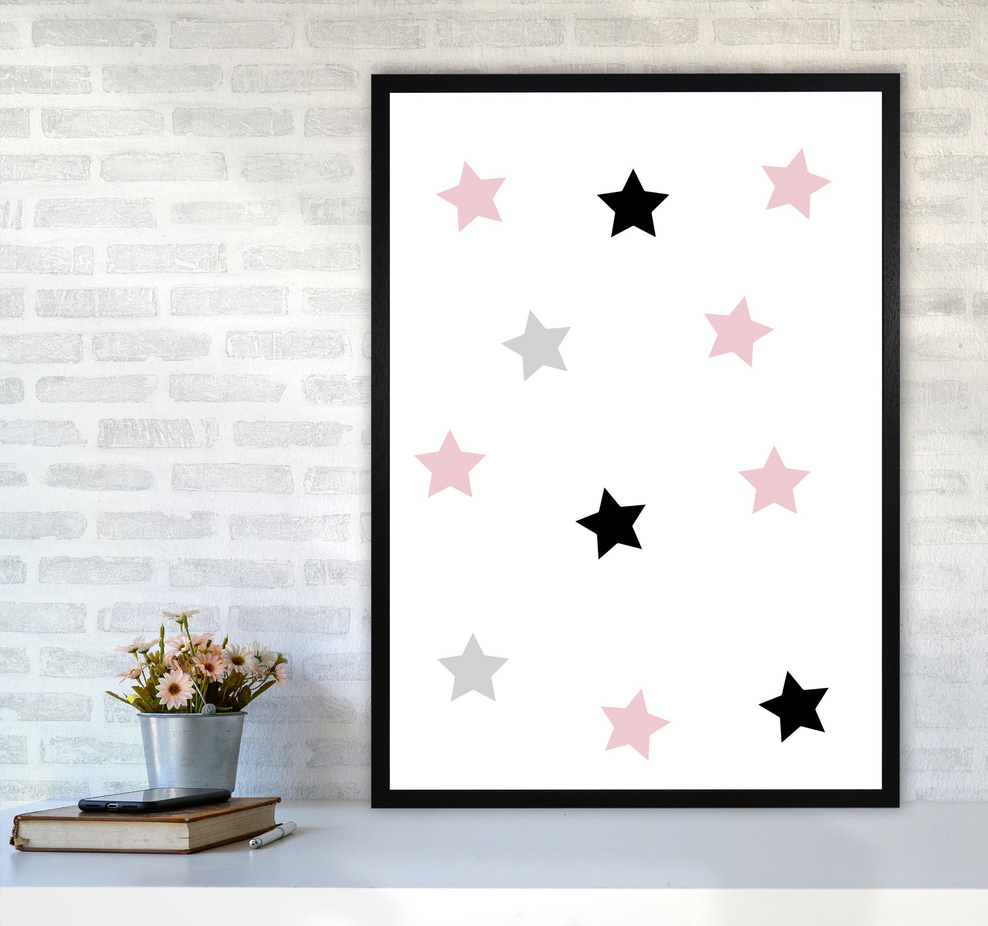 Pink Black And Grey Stars Modern Print A1 White Frame