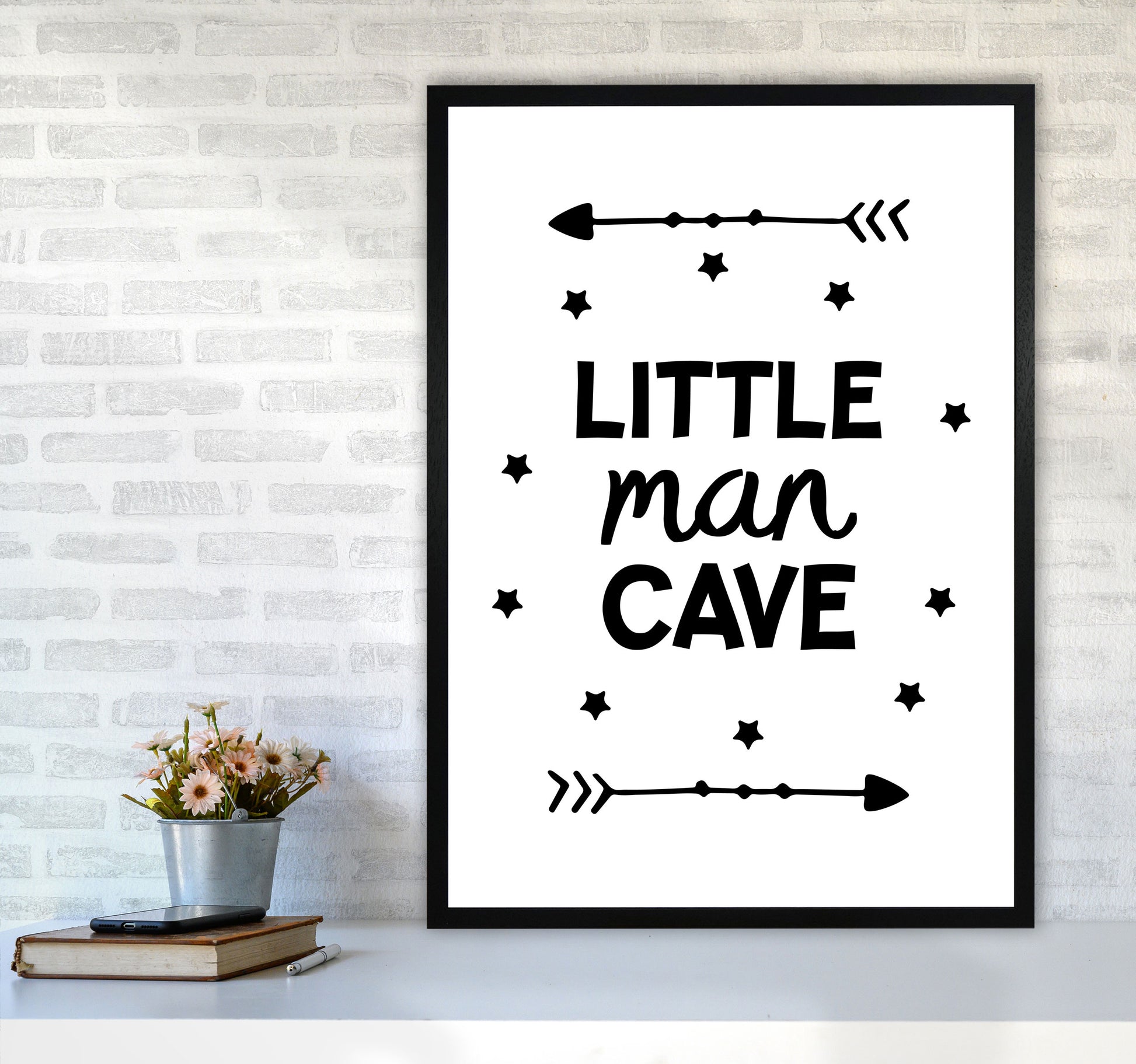 Little Man Cave Black Arrows Framed Nursey Wall Art Print A1 White Frame
