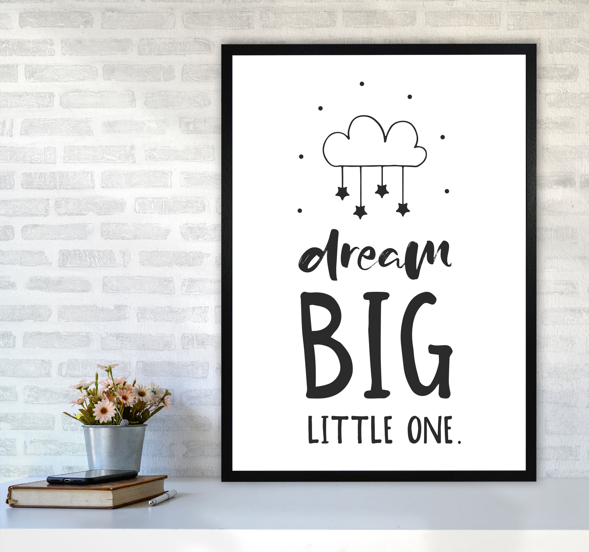 Dream Big Little One Black Framed Nursey Wall Art Print A1 White Frame