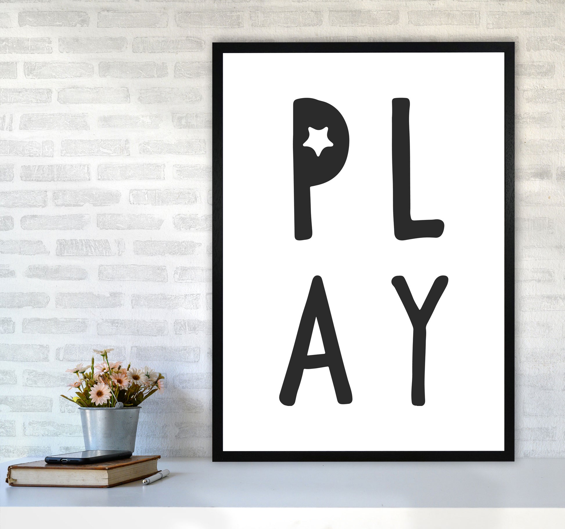 Play Black Framed Typography Wall Art Print A1 White Frame