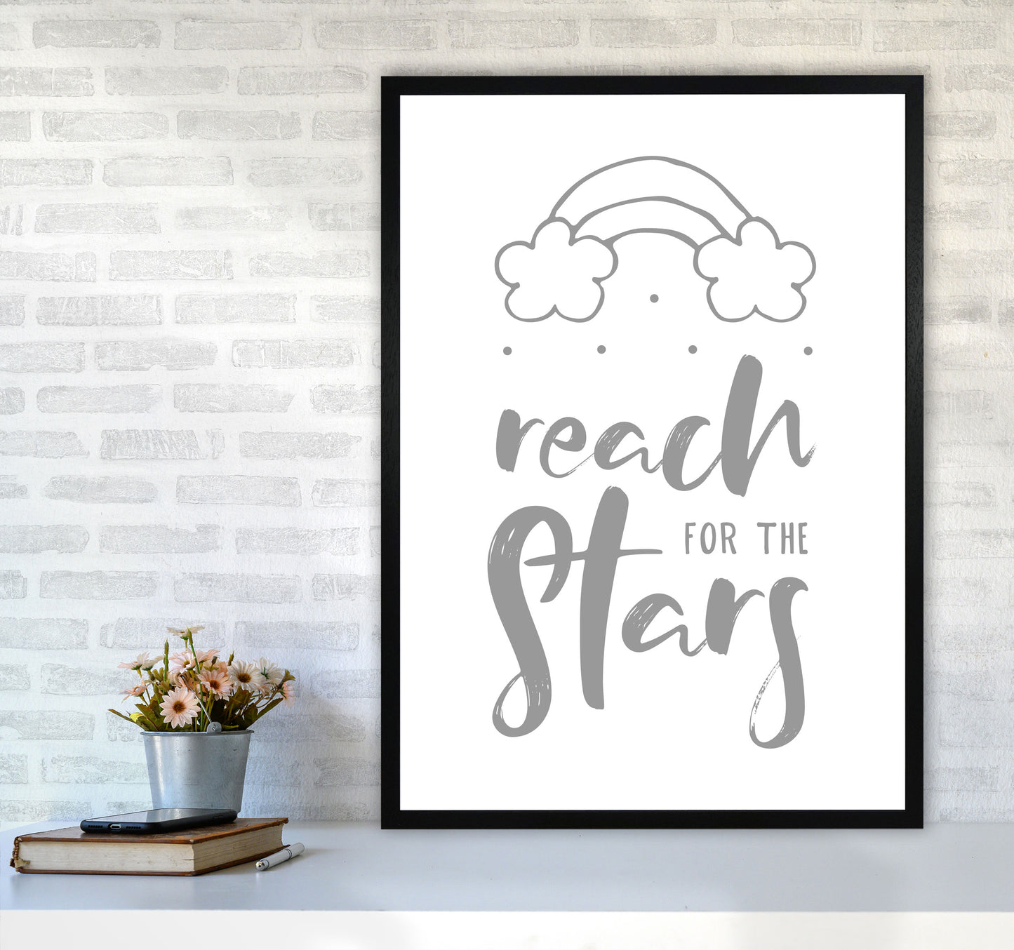 Reach For The Stars Grey Modern Print A1 White Frame