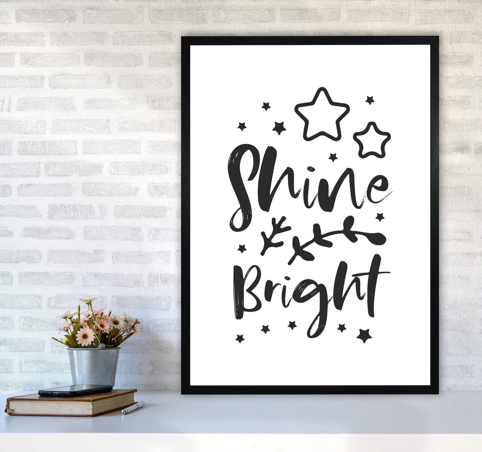Shine Bright Black Framed Nursey Wall Art Print A1 White Frame
