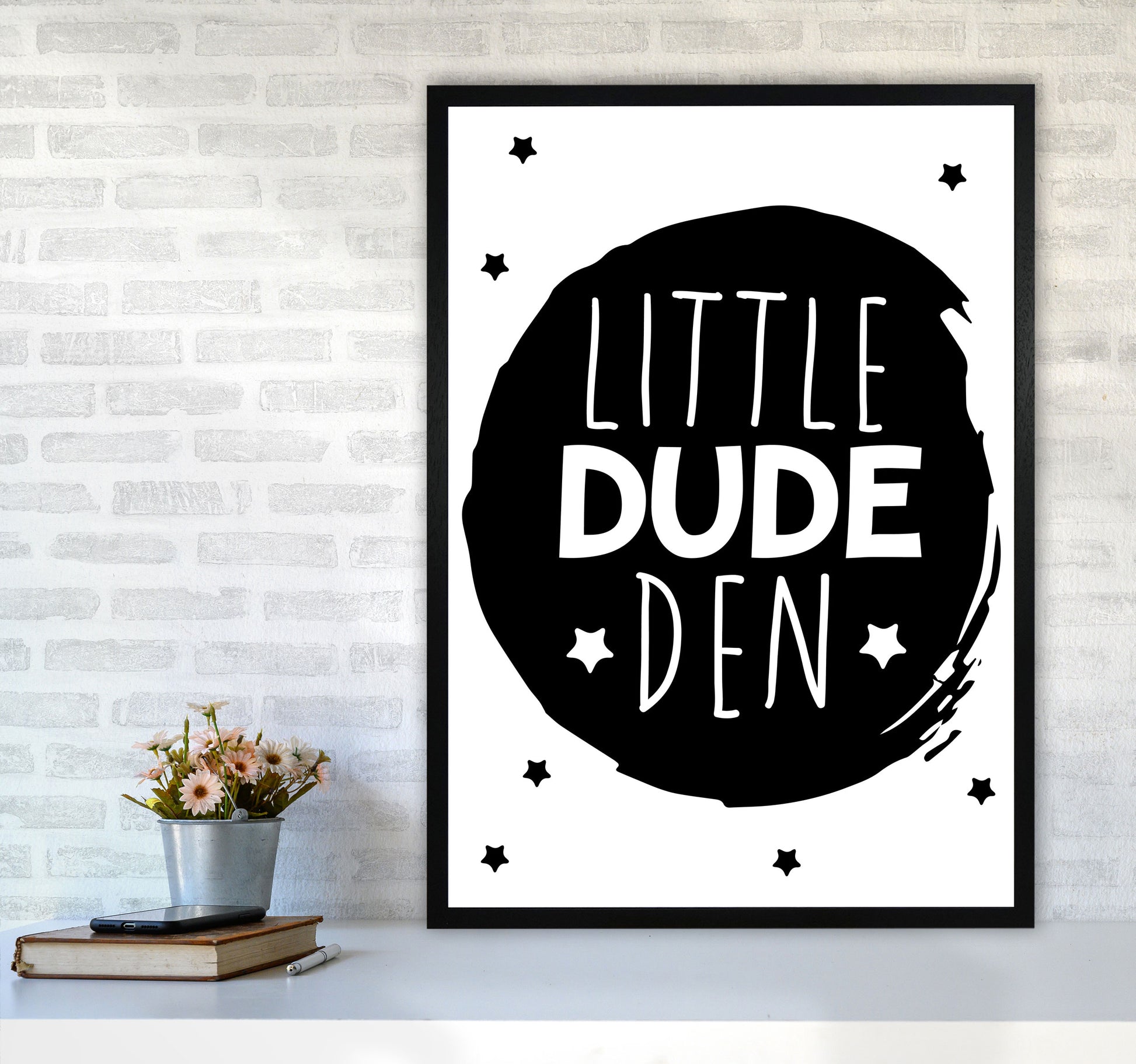 Little Dude Den Black Circle Framed Nursey Wall Art Print A1 White Frame