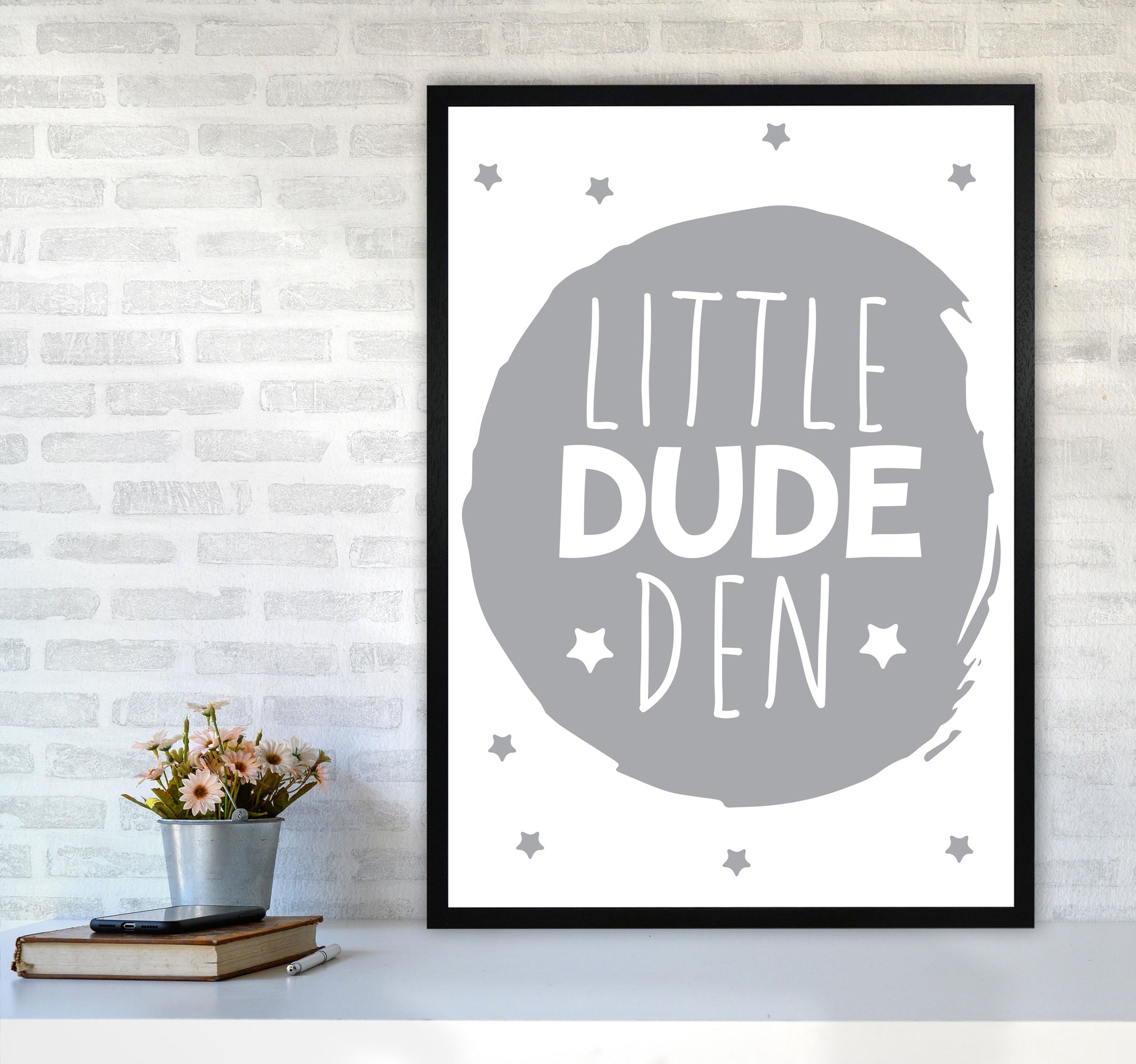 Little Dude Den Grey Circle Framed Nursey Wall Art Print A1 White Frame