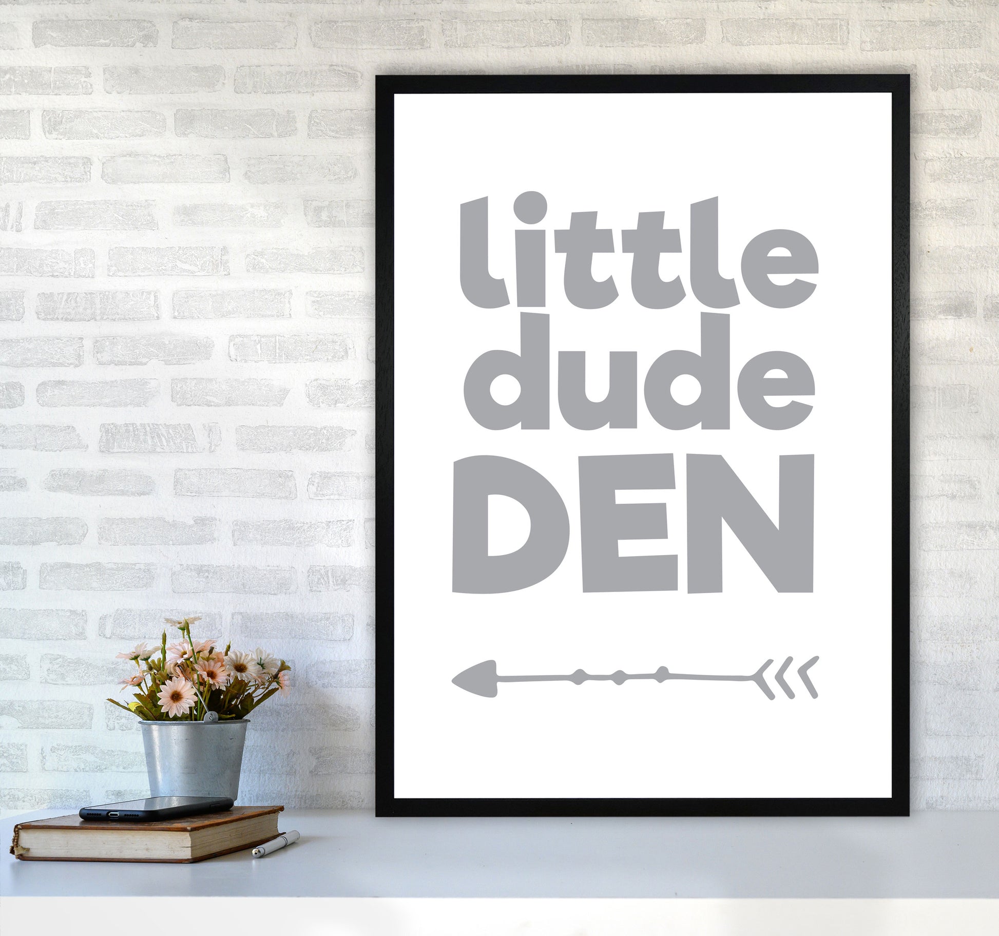 Little Dude Den Grey Framed Nursey Wall Art Print A1 White Frame