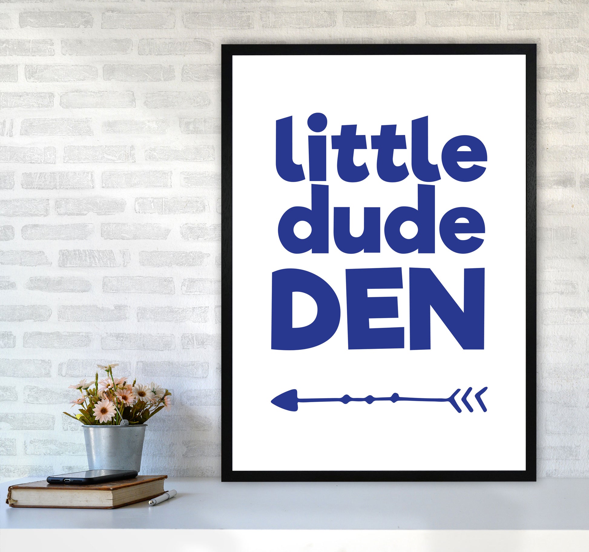 Little Dude Den Navy Framed Nursey Wall Art Print A1 White Frame