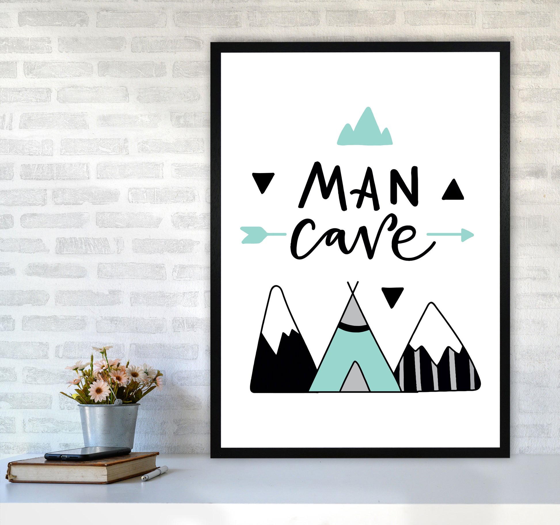 Man Cave Mountains Mint And Black Framed Typography Wall Art Print A1 White Frame