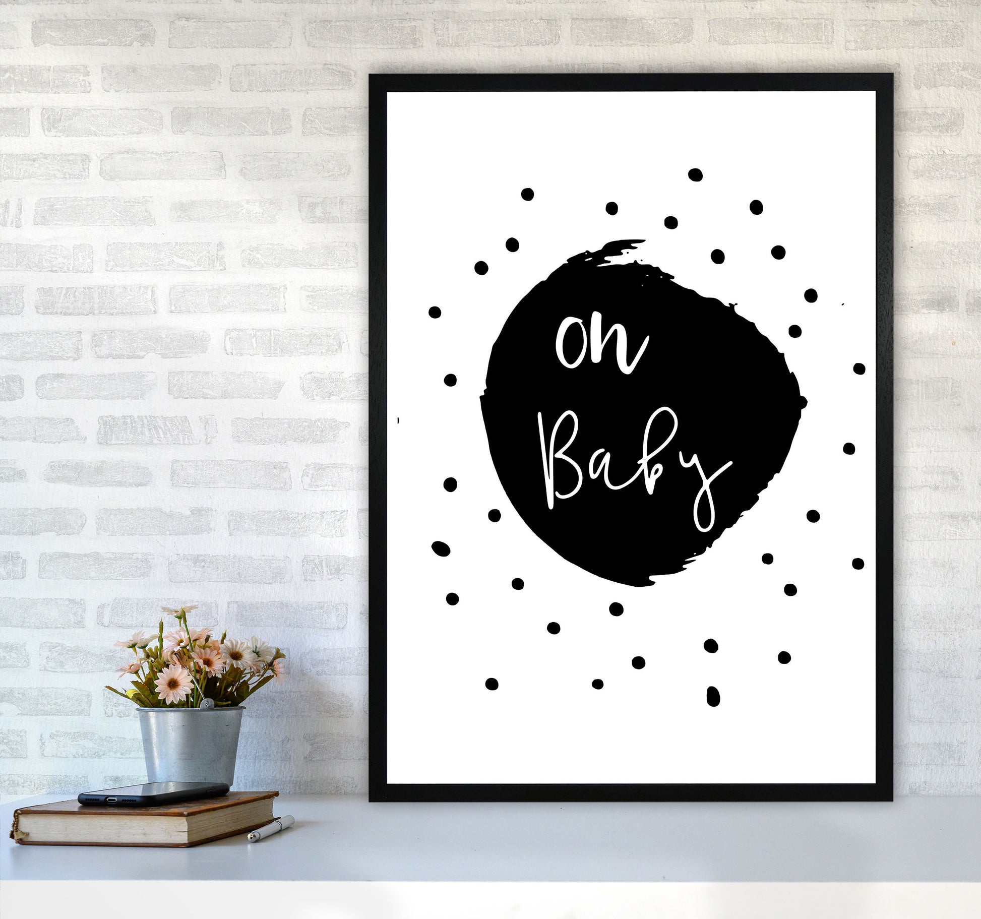 Oh Baby Black Framed Typography Wall Art Print A1 White Frame