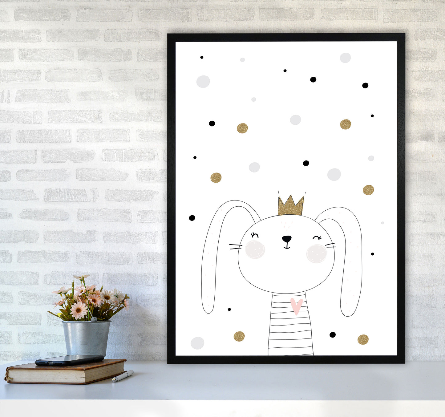 Scandi Cute Bunny With Crown And Polka Dots Modern Print A1 White Frame