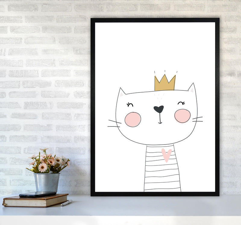 Scandi Cute Cat With Crown Framed Nursey Wall Art Print A1 White Frame